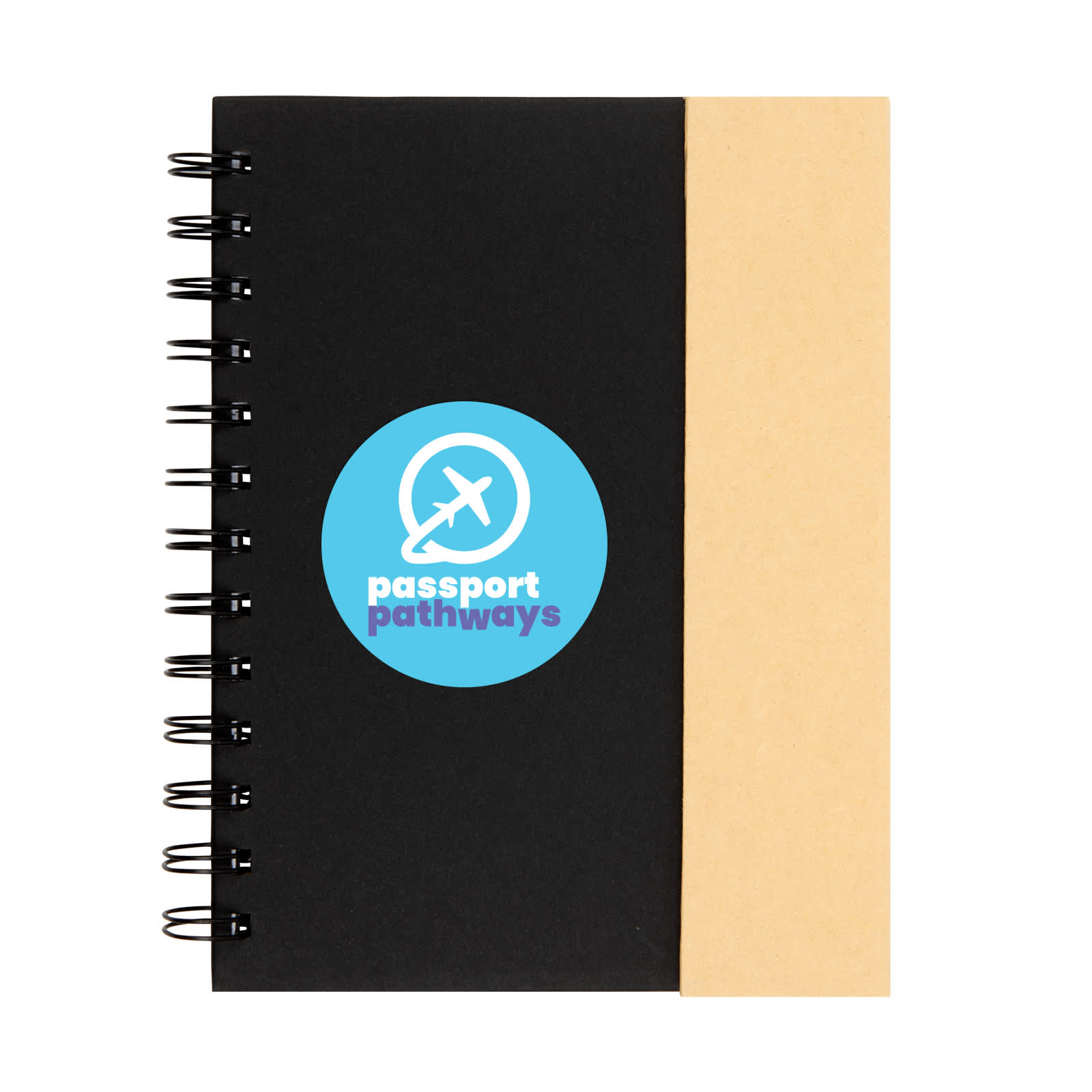 A black spiral-bound notebook with a tan cover and a circular logo on the front.