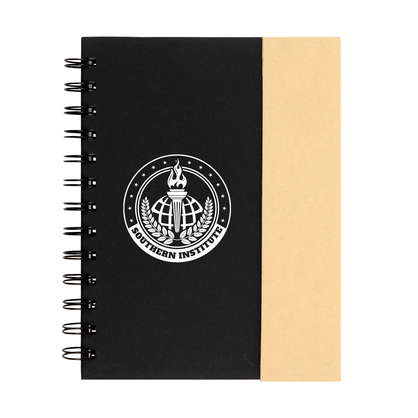 A black spiral notebook with a natural kraft cover on one side and a logo on the front.