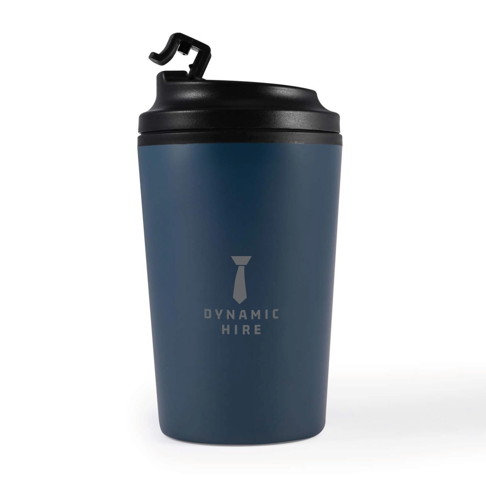 A reusable coffee cup with a sleek navy design and a black lid, featuring the logo 