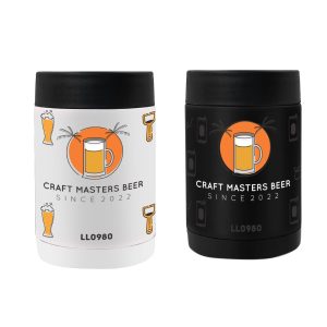 A drink bottle in matte black and matte white, featuring a logo and graphics of beer mugs and palm trees.