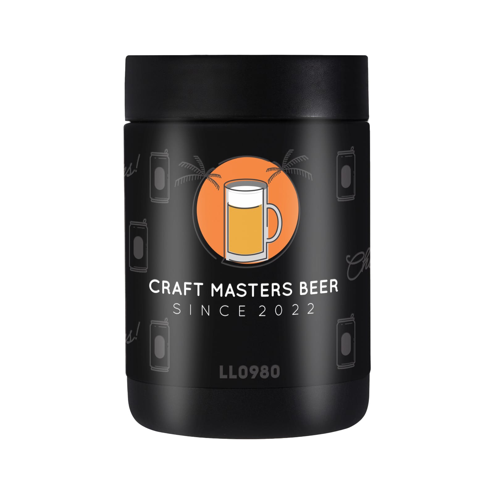 A drink bottle with a black exterior, featuring a logo and a design showcasing beer mugs and palm trees.