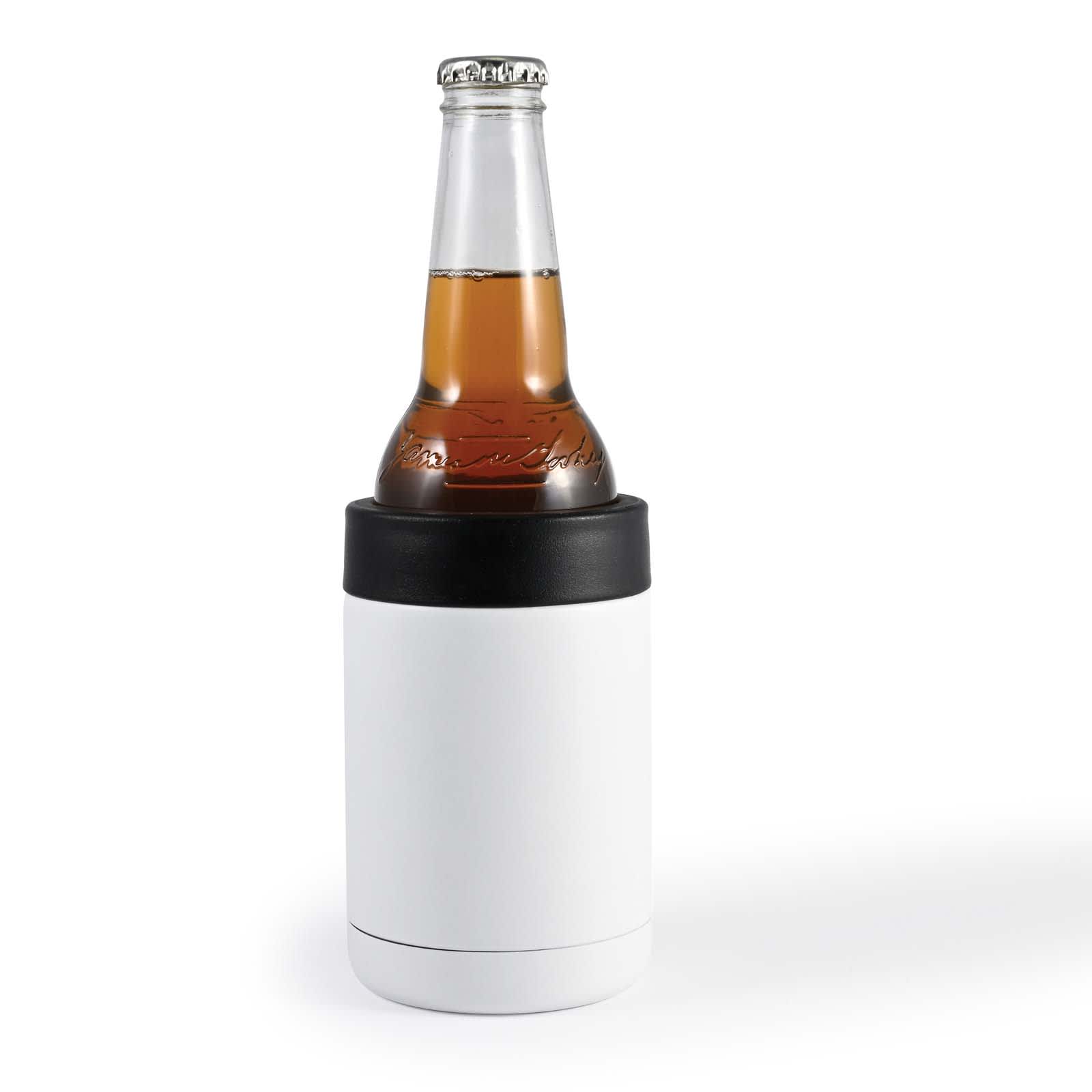 A black stainless steel drink cooler featuring a palm tree design and a logo, with decorative beer mug graphics.