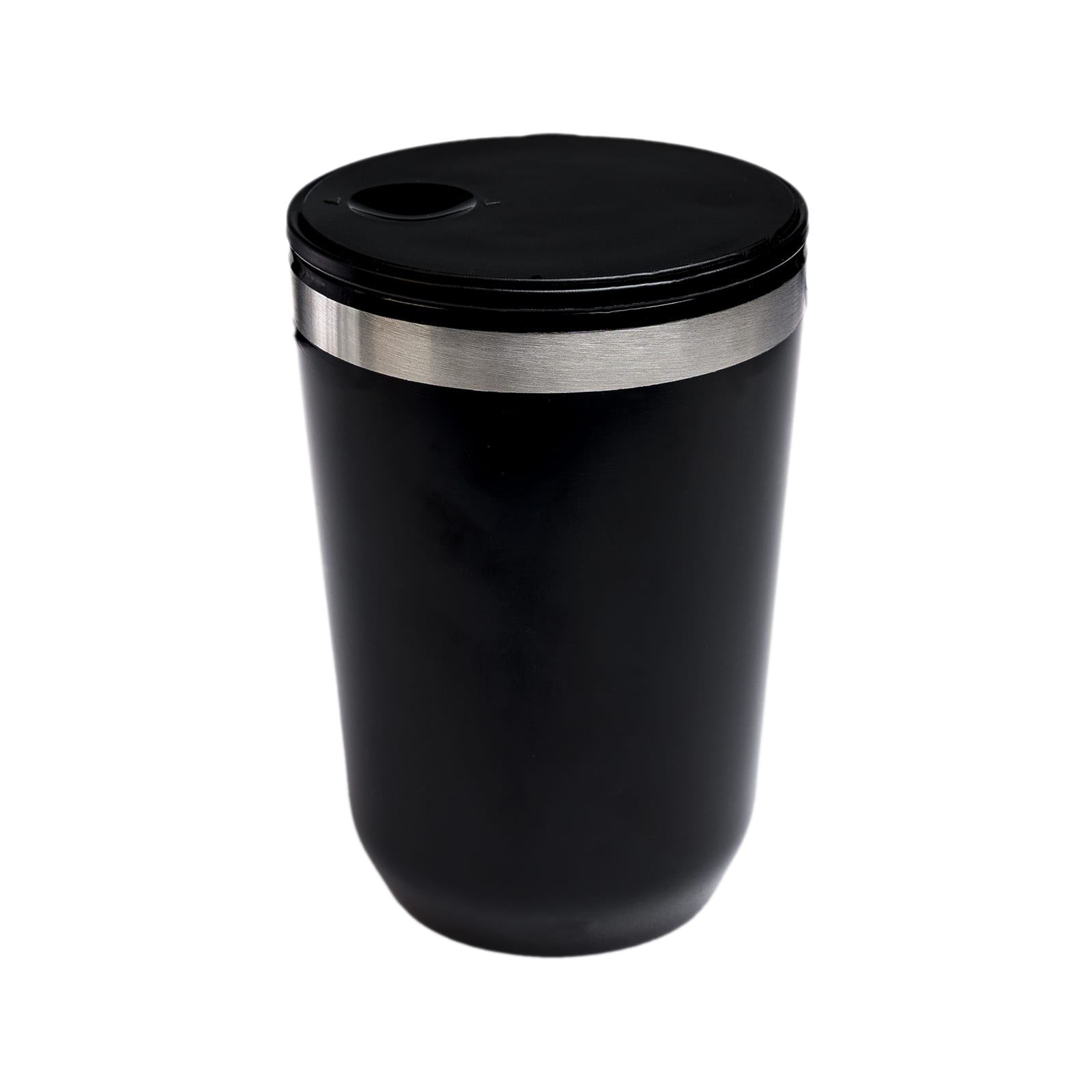 A reusable coffee cup in black with a stainless steel band around the top and a secure lid.