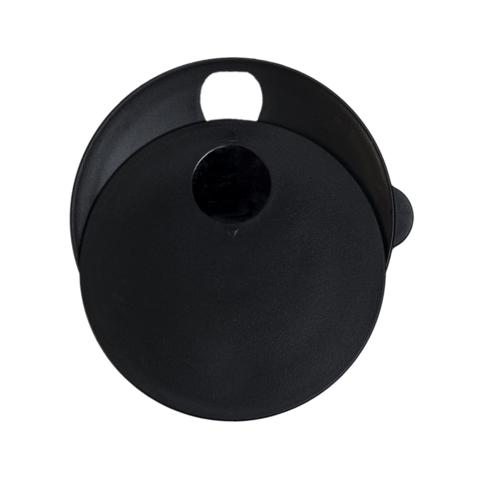A black reusable coffee cup with a lid and a handle, featuring a logo.