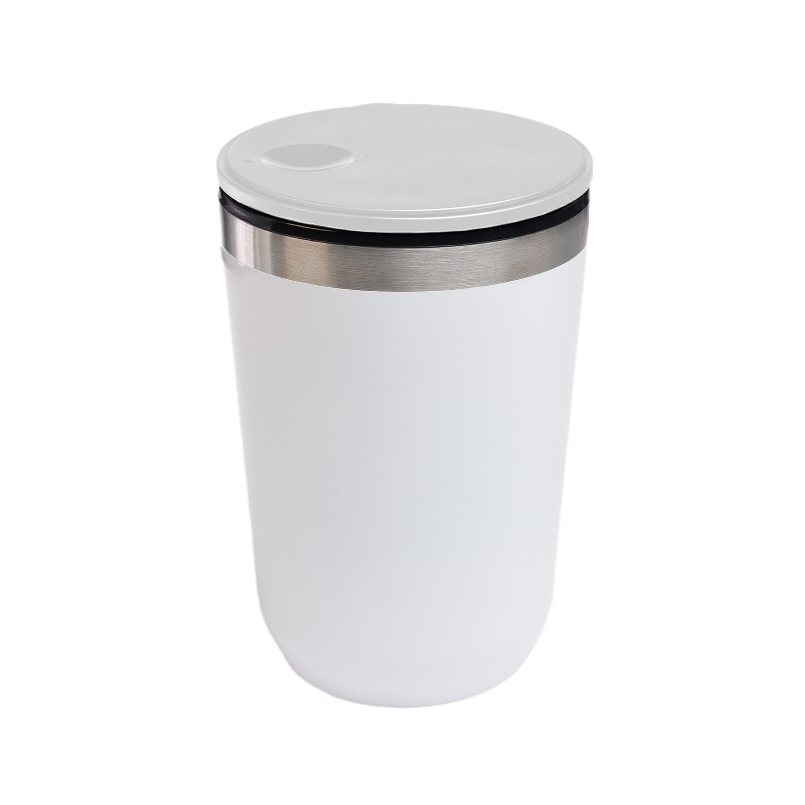 A reusable coffee cup featuring a sleek white design with a stainless steel accent and a secure lid.