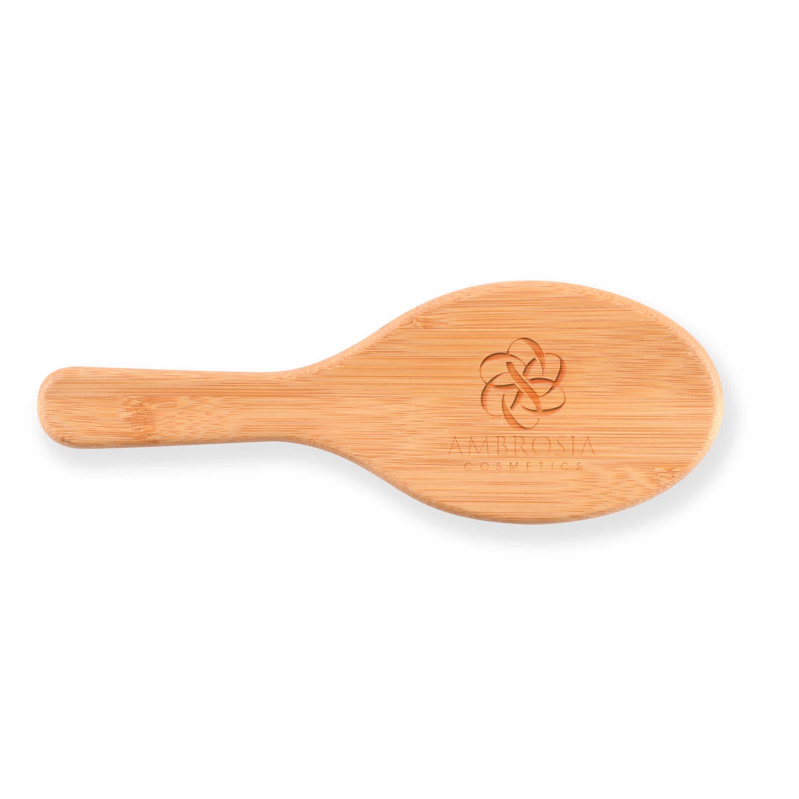 A bamboo hair brush with an engraved logo on the handle.