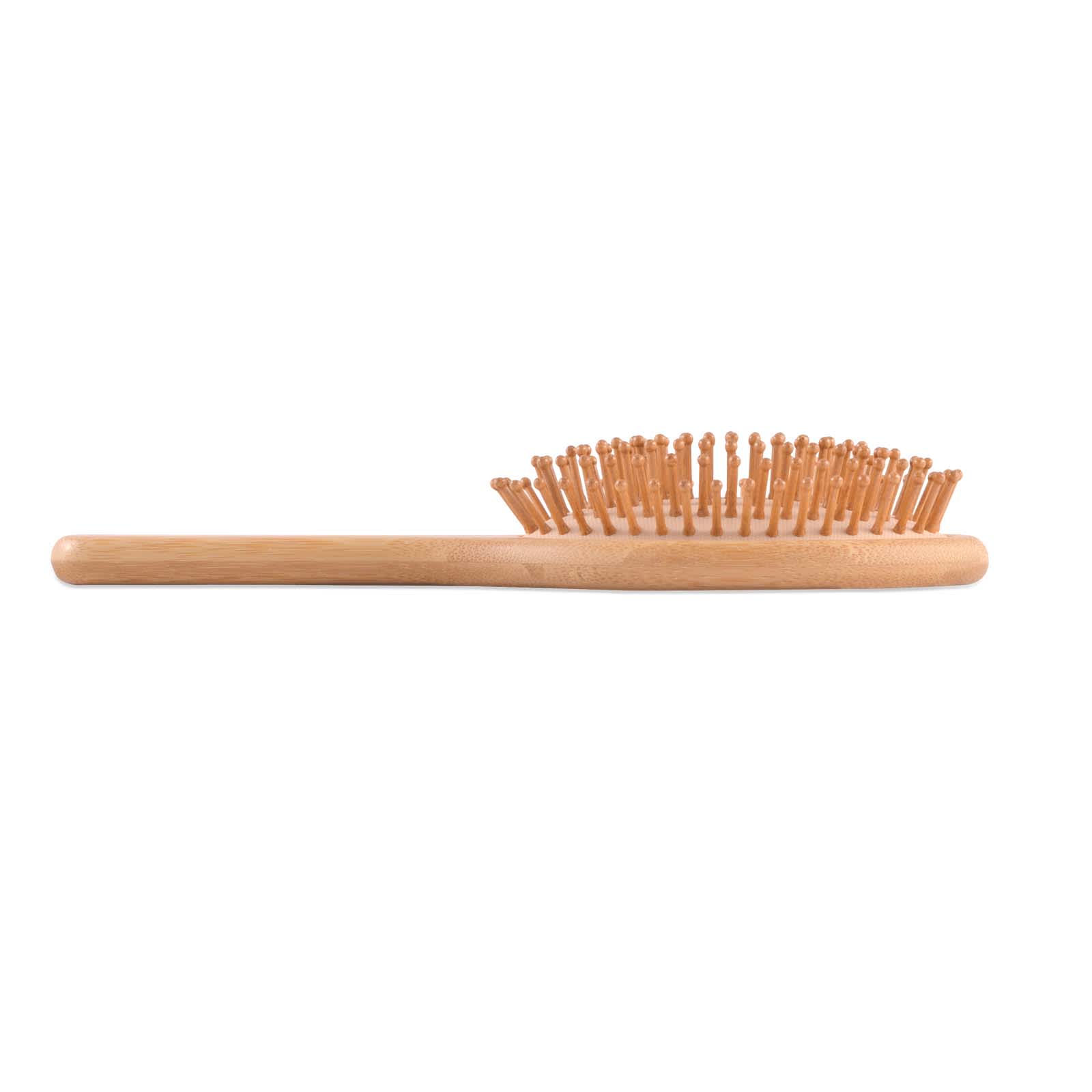 A bamboo hair brush with a curved design and wooden bristles, ideal for gentle detangling and scalp massage.