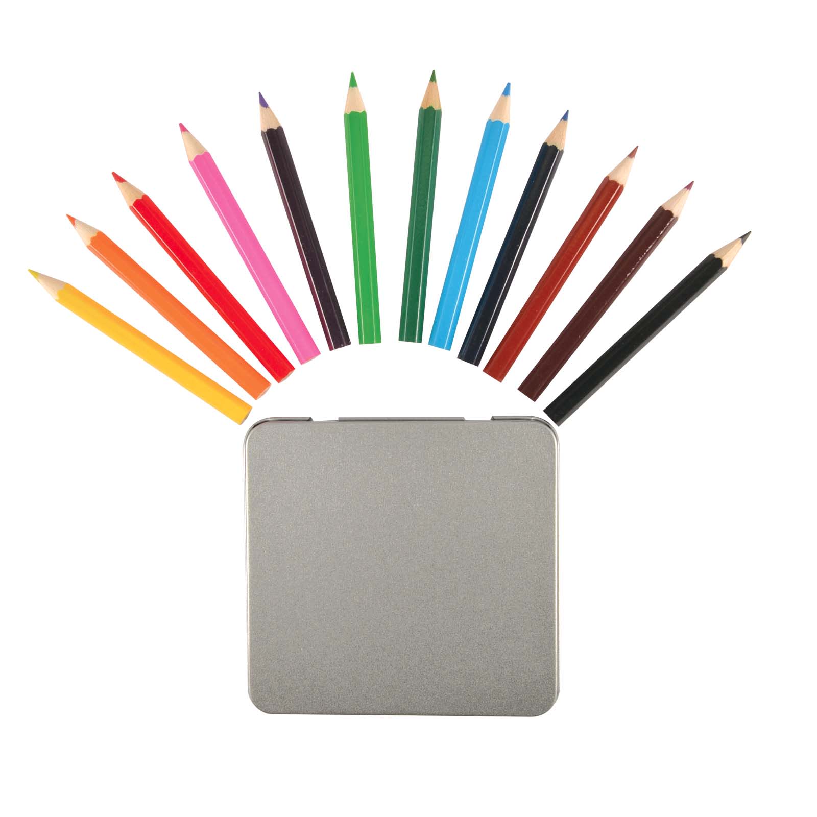 A tin containing 12 coloured pencils arranged in a fan shape, featuring various colors including green, pink, and yellow.