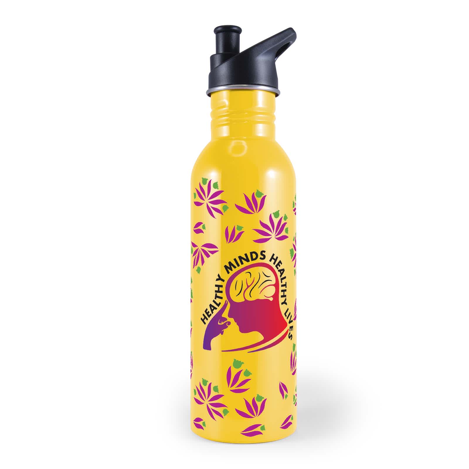 A drink bottle in bright yellow featuring musical notes and a branding logo.