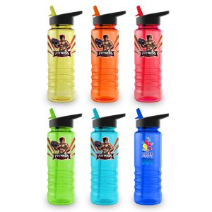 A drink bottle collection in green, orange, pink, and blue with straw tops and various logos.