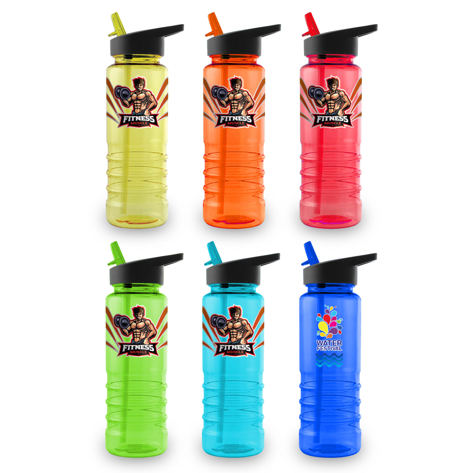 A drink bottle collection in green, orange, pink, and blue with straw tops and various logos.