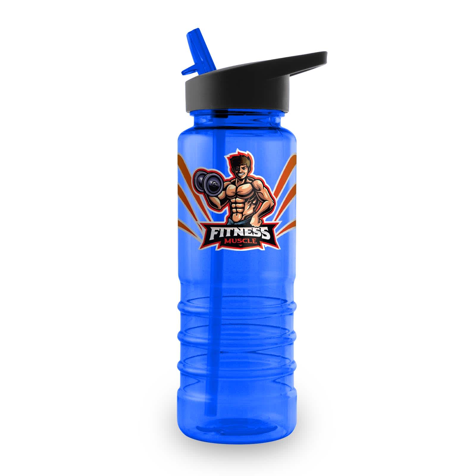 A drink bottle in blue with a black lid and straw, featuring a logo on the front.