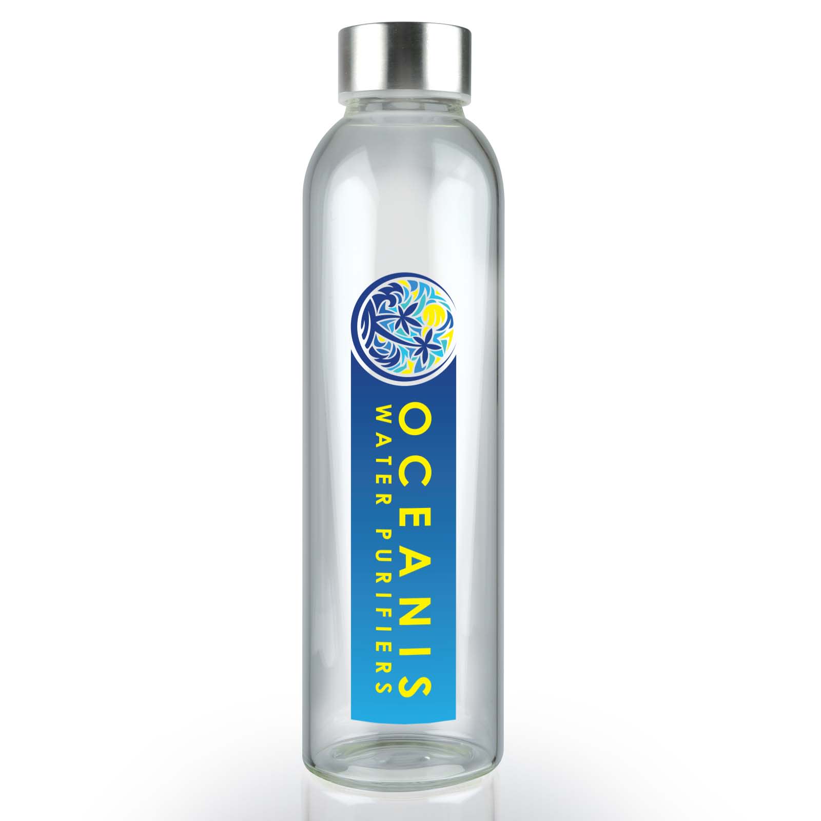 A drink bottle made of clear glass with a silver metal lid and a logo on the side.