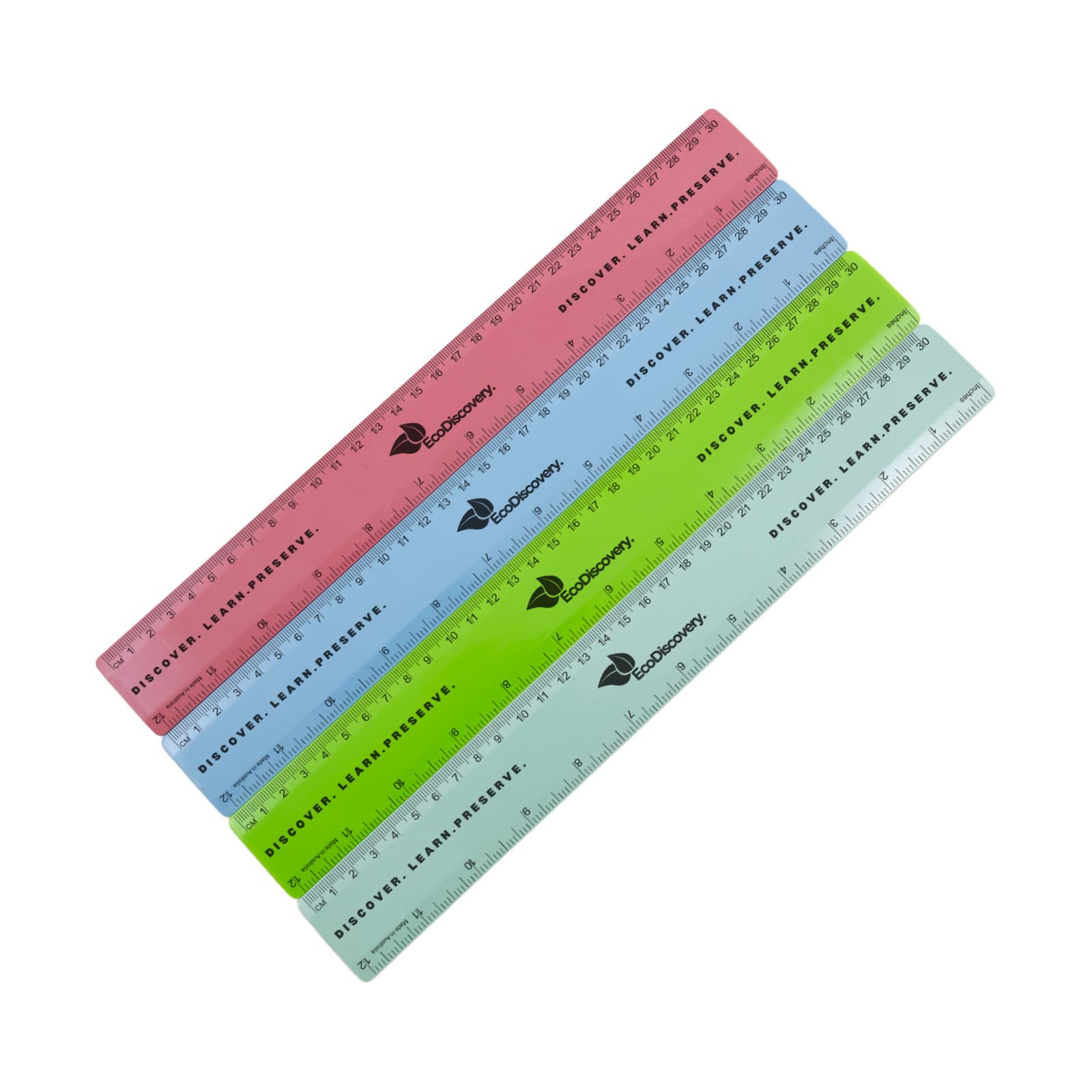 A set of four 30cm rulers in pink, green, blue, and transparent colors, each with a logo.