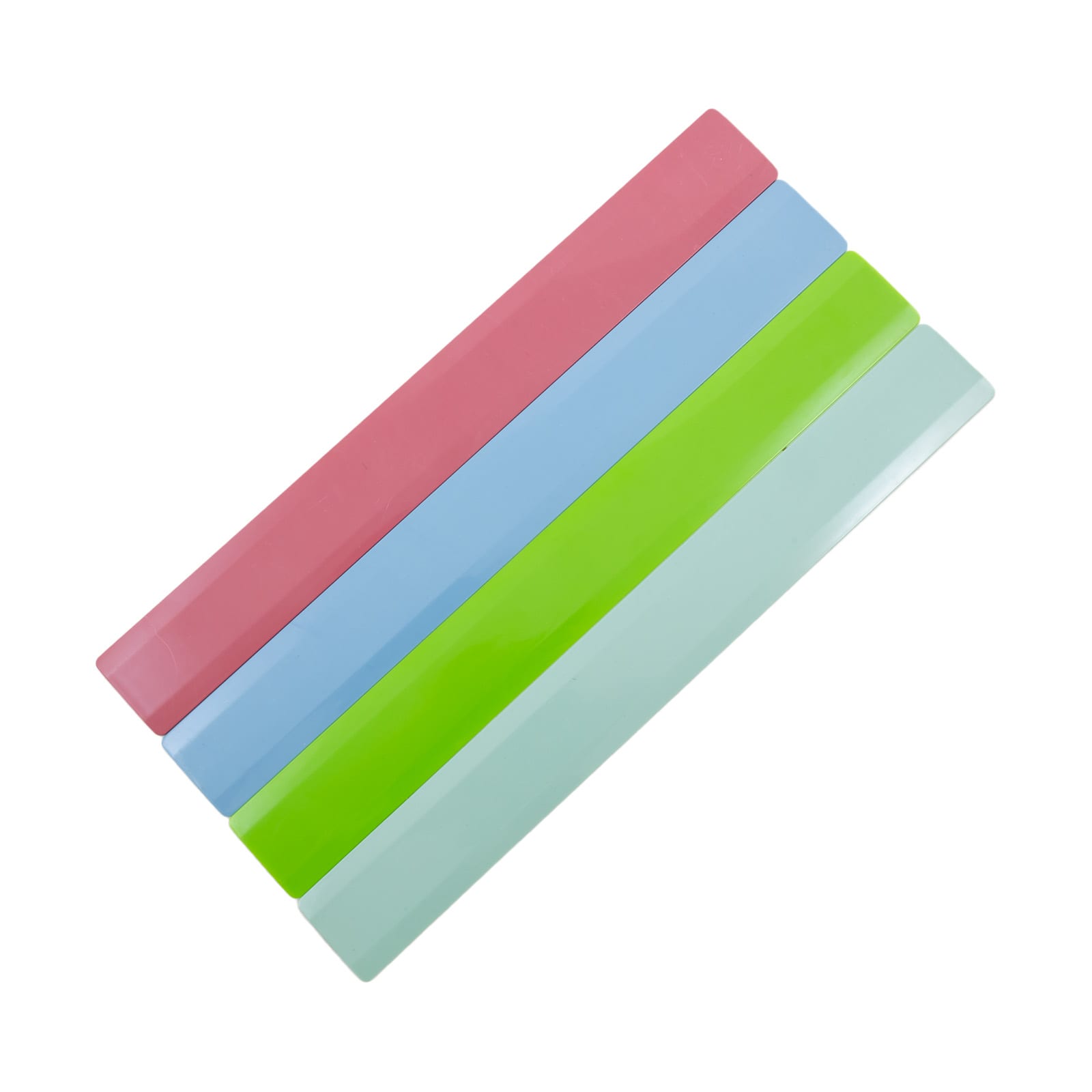 A set of four 30cm recycled plastic rulers in pink, blue, green, and light green colors.