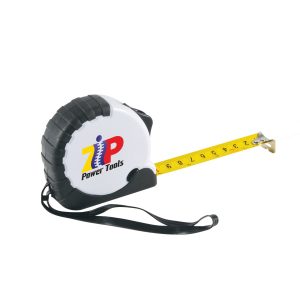 A retracting tape measure in black and white, featuring a yellow measuring tape and a logo on the casing.