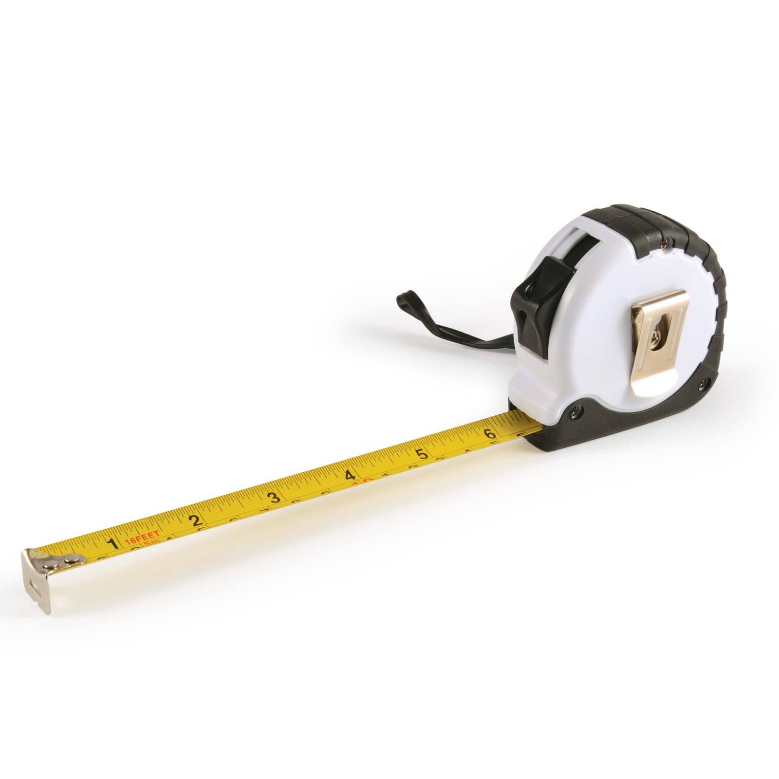 A measuring tape in black and white with a bright yellow retractable tape extending from it. It features a branding logo.