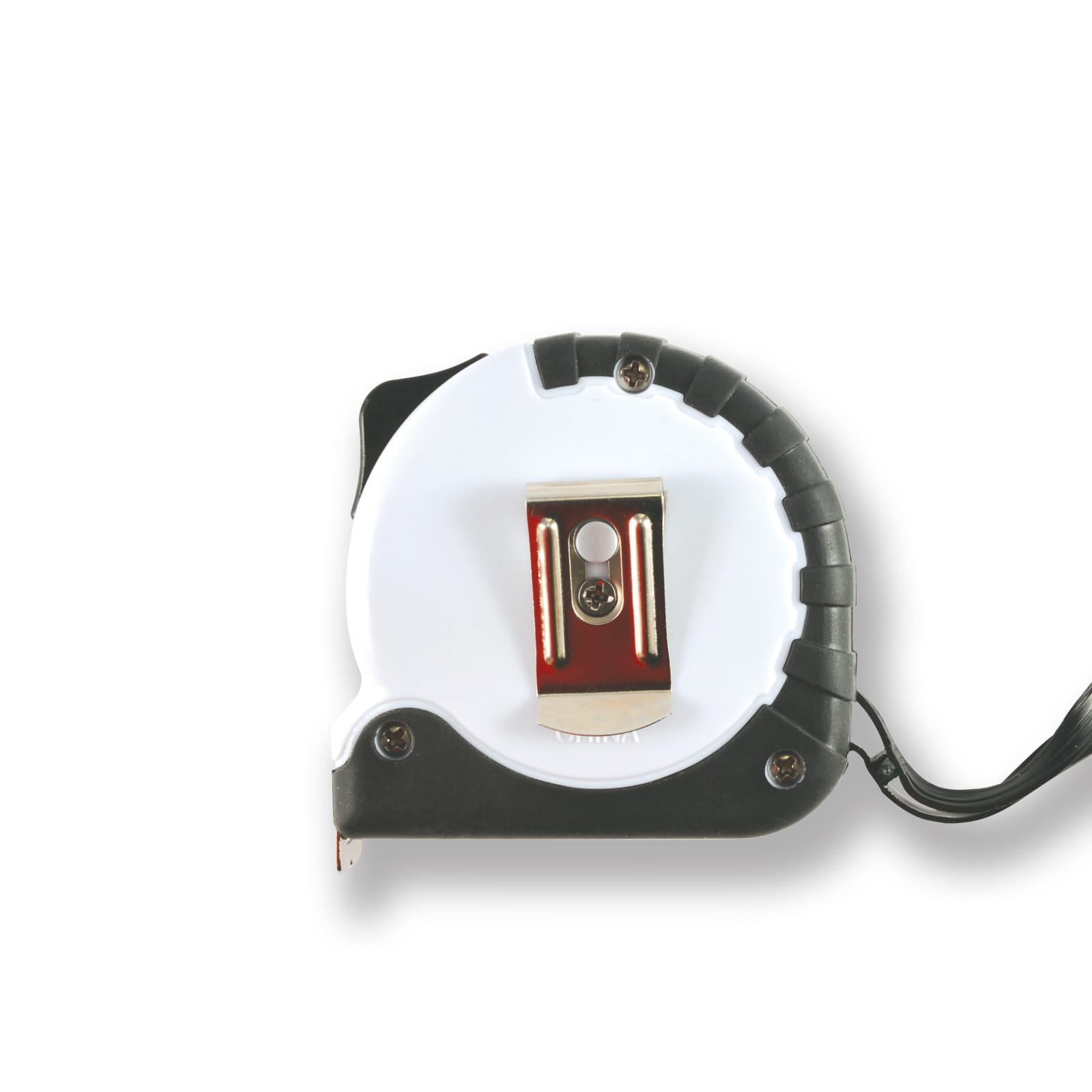A retractable tape measure in black and white with a metal clip, featuring a textured grip.