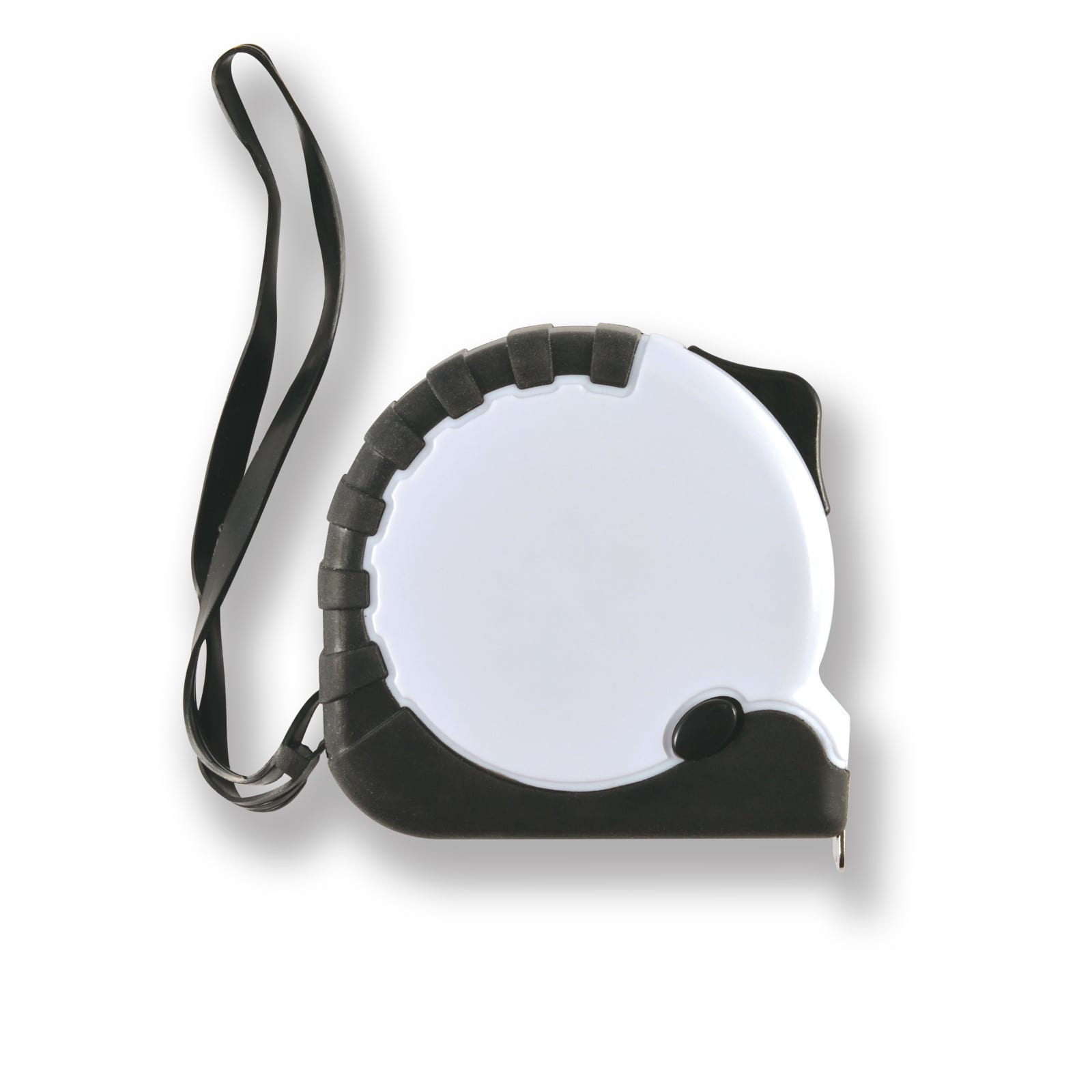 A retractable tape measure featuring a durable casing and a convenient wrist strap.