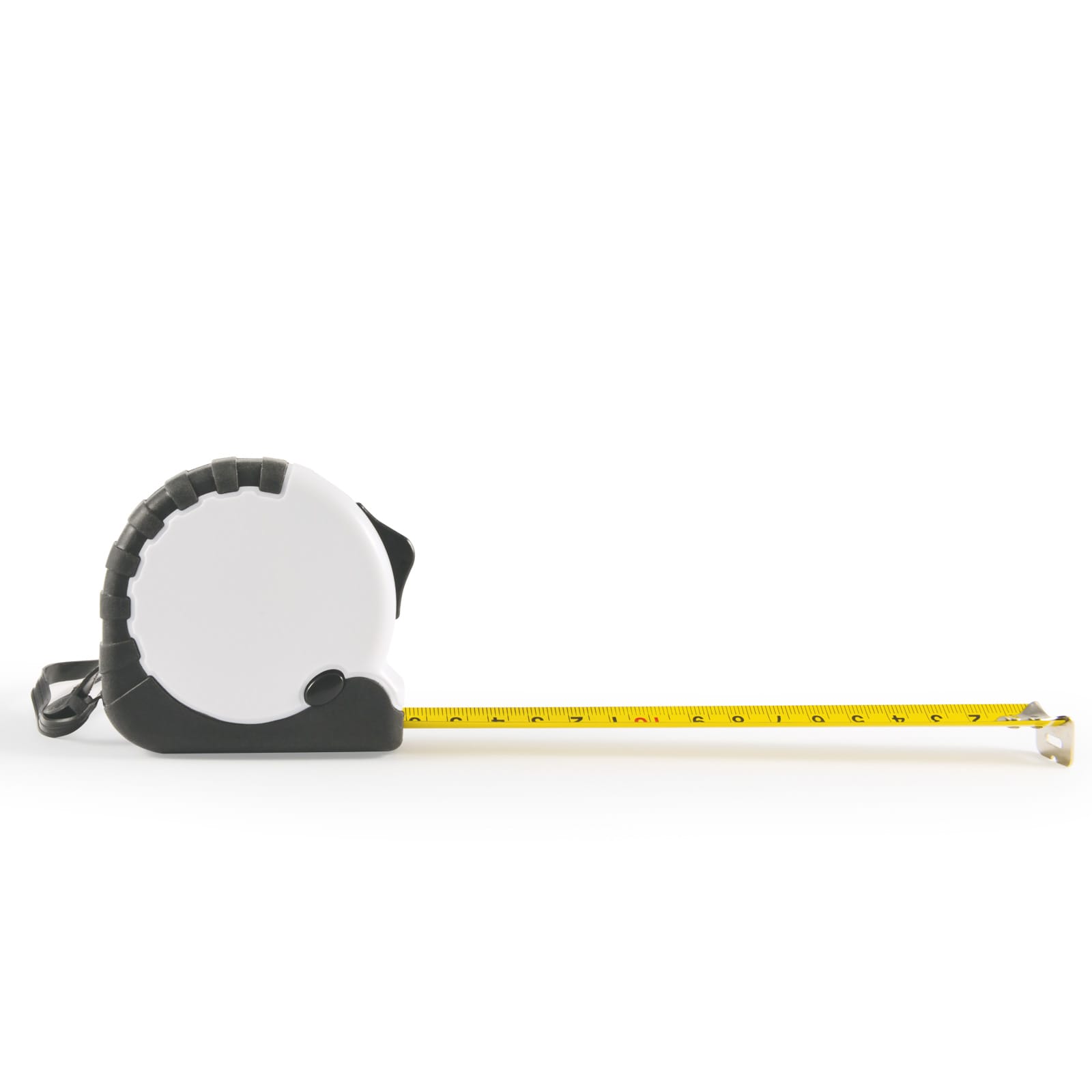 A retractable tape measure in black and white, with a yellow measuring tape extended from its casing.