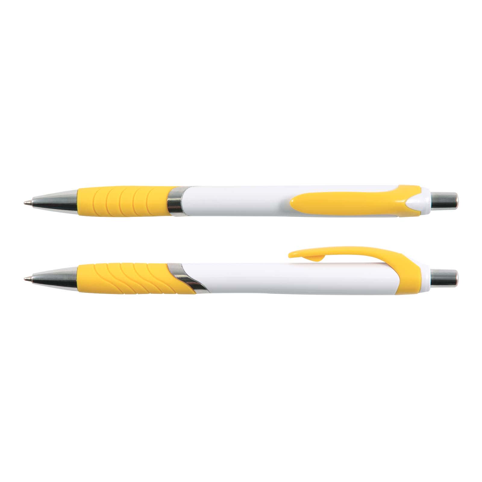 A white and yellow Vespa Pen with a sleek design, featuring a comfortable grip and a click mechanism.