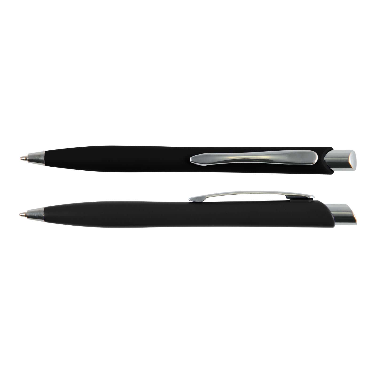 A black plastic pen with a sleek design and a silver clip, featuring a smooth writing tip.
