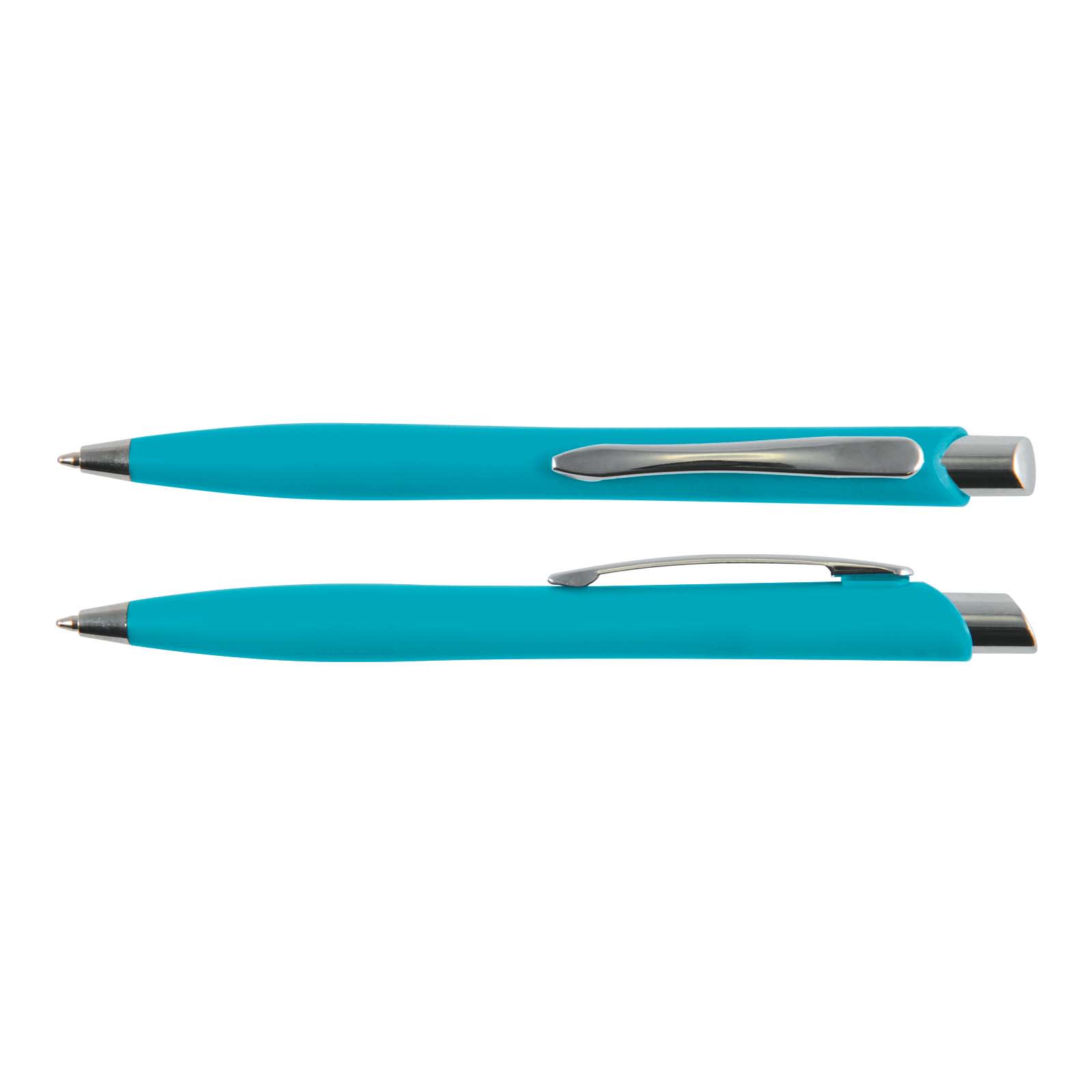A plastic pen in vibrant turquoise, featuring a sleek design and a silver clip. The pen has a logo visible.