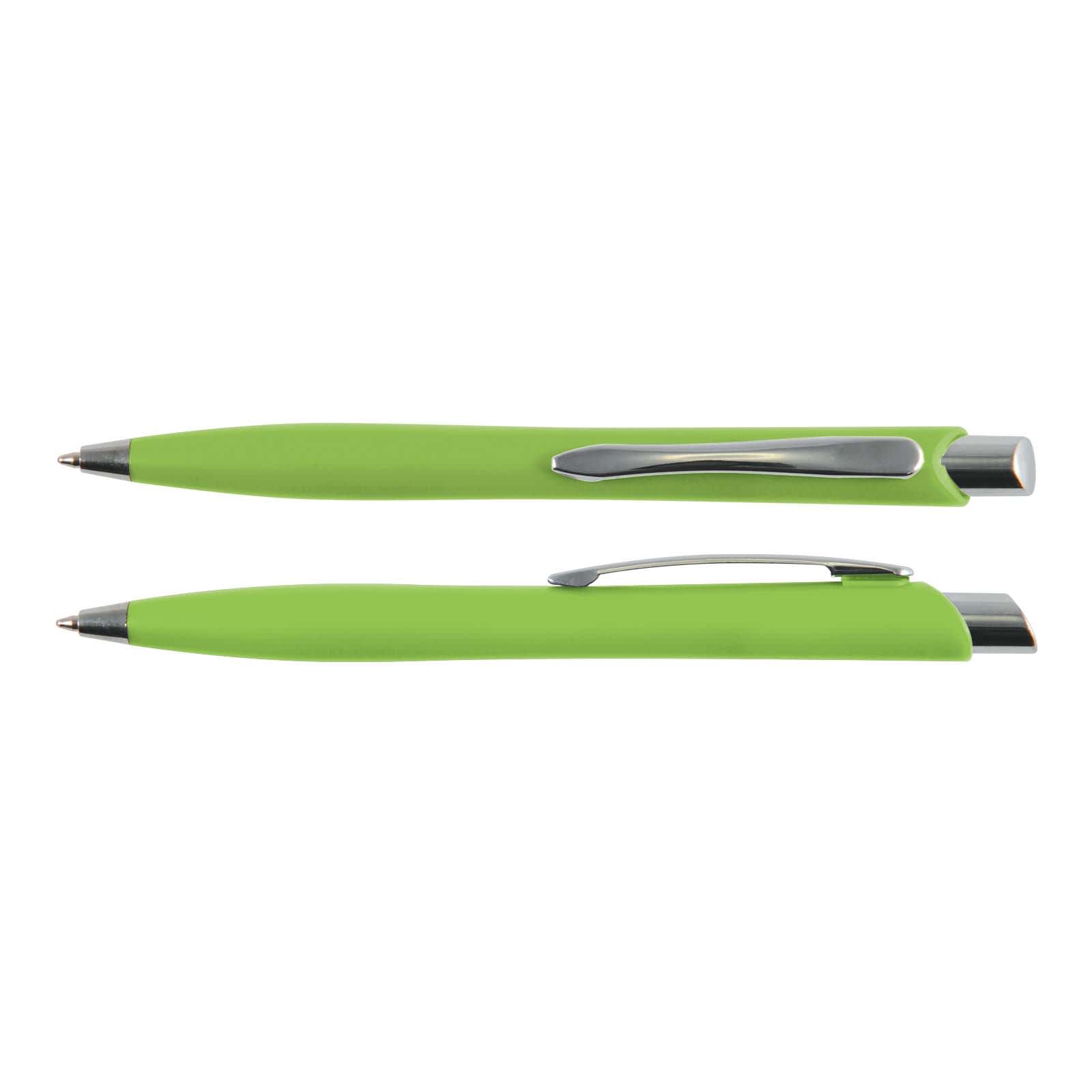 A green plastic pen with a sleek design and a silver clip. The image features two angles of the pen.