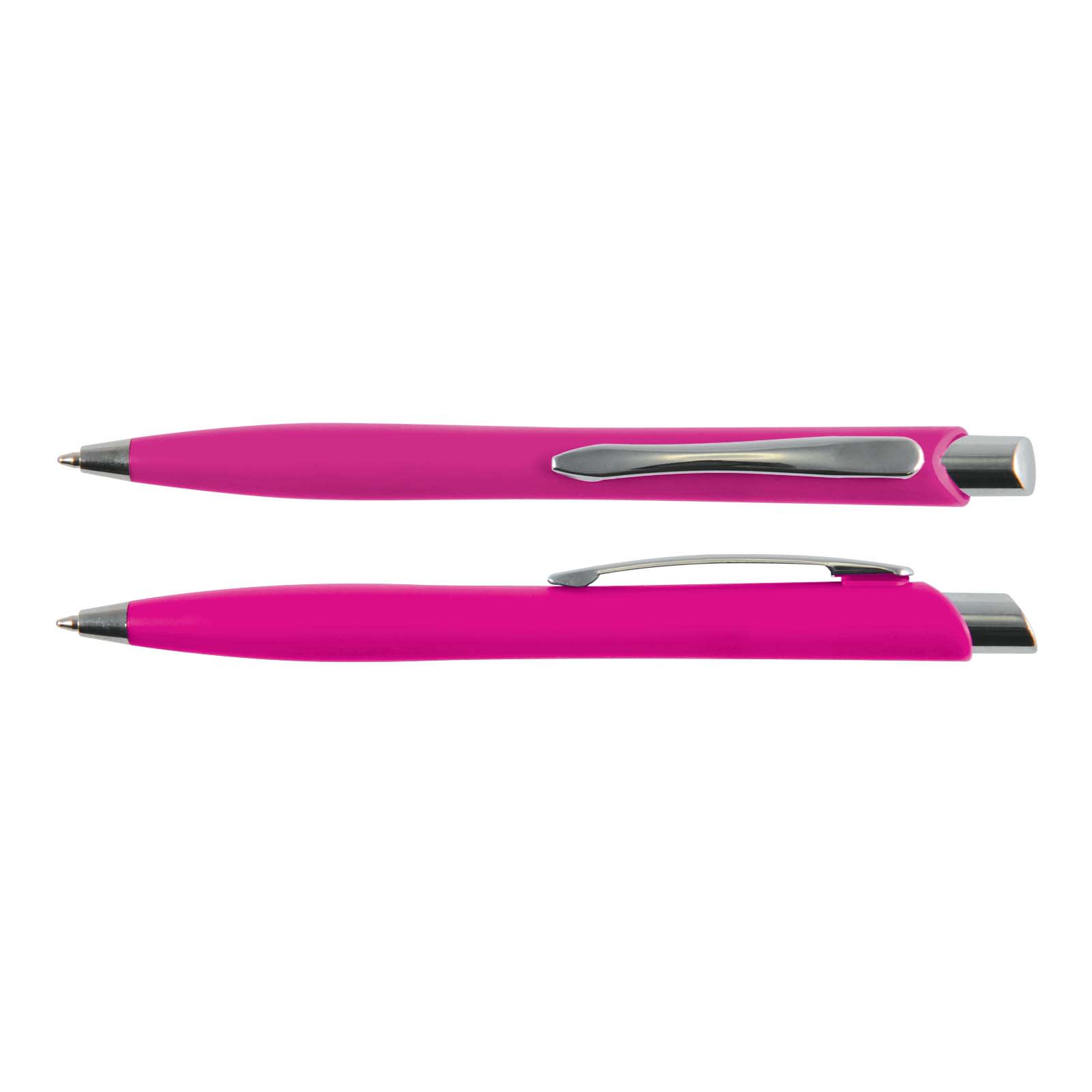 A pink plastic pen, the Stingray Pen, featuring a sleek design with a metal clip and tip.