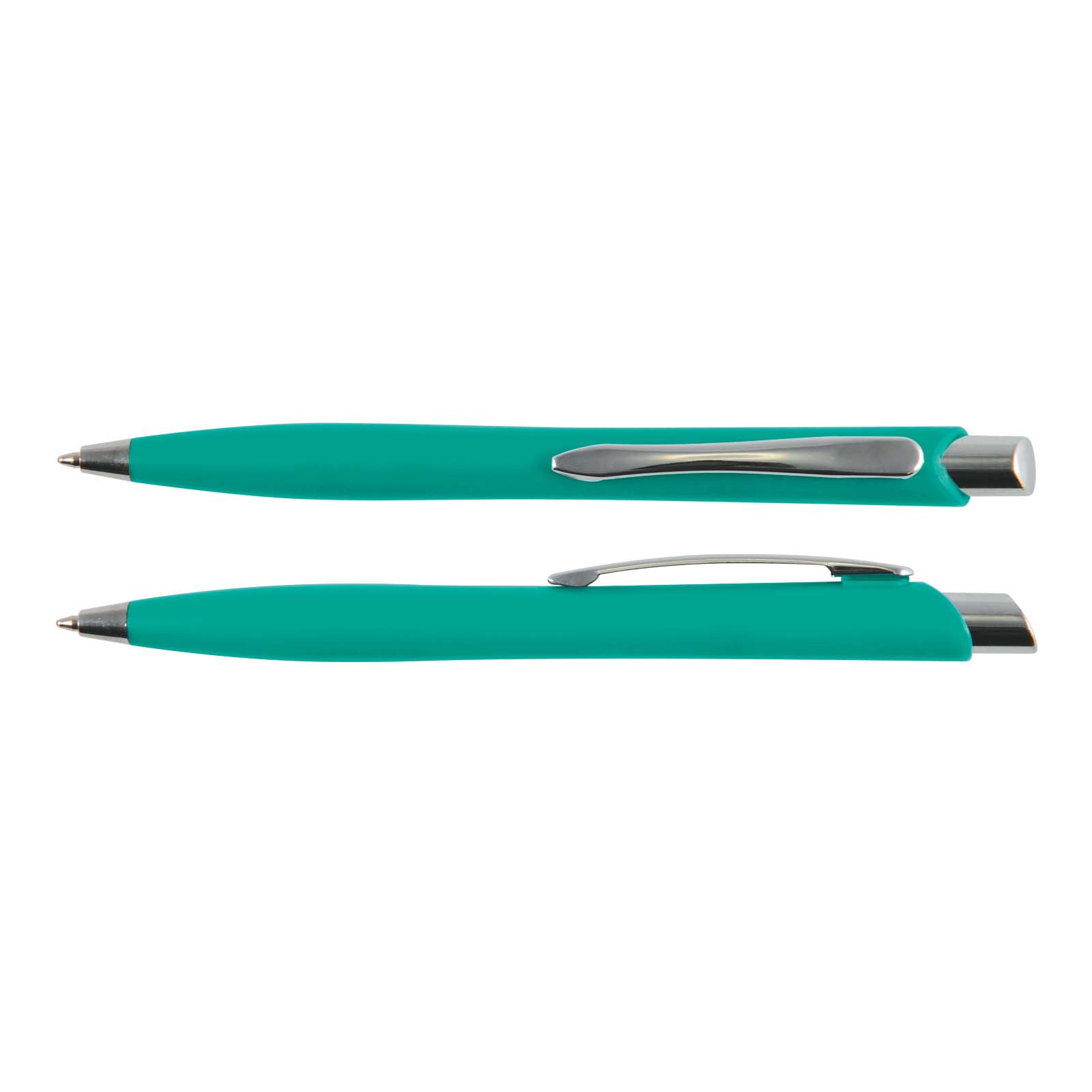 A teal plastic pen with a silver clip, featuring a sleek design and a shiny tip.
