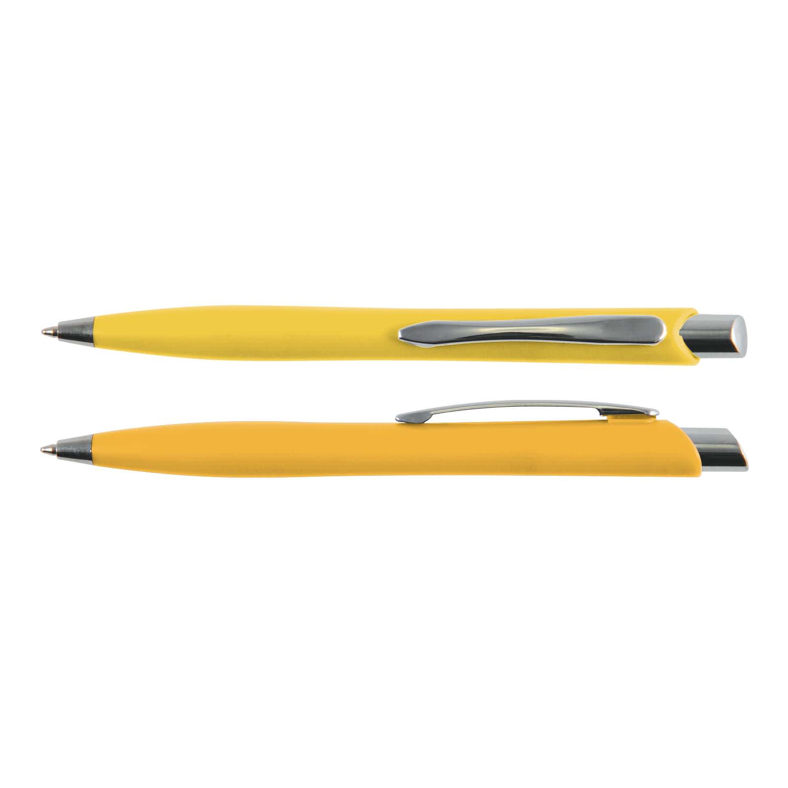 A yellow plastic pen with a silver clip, featuring a sleek design and a glossy finish.