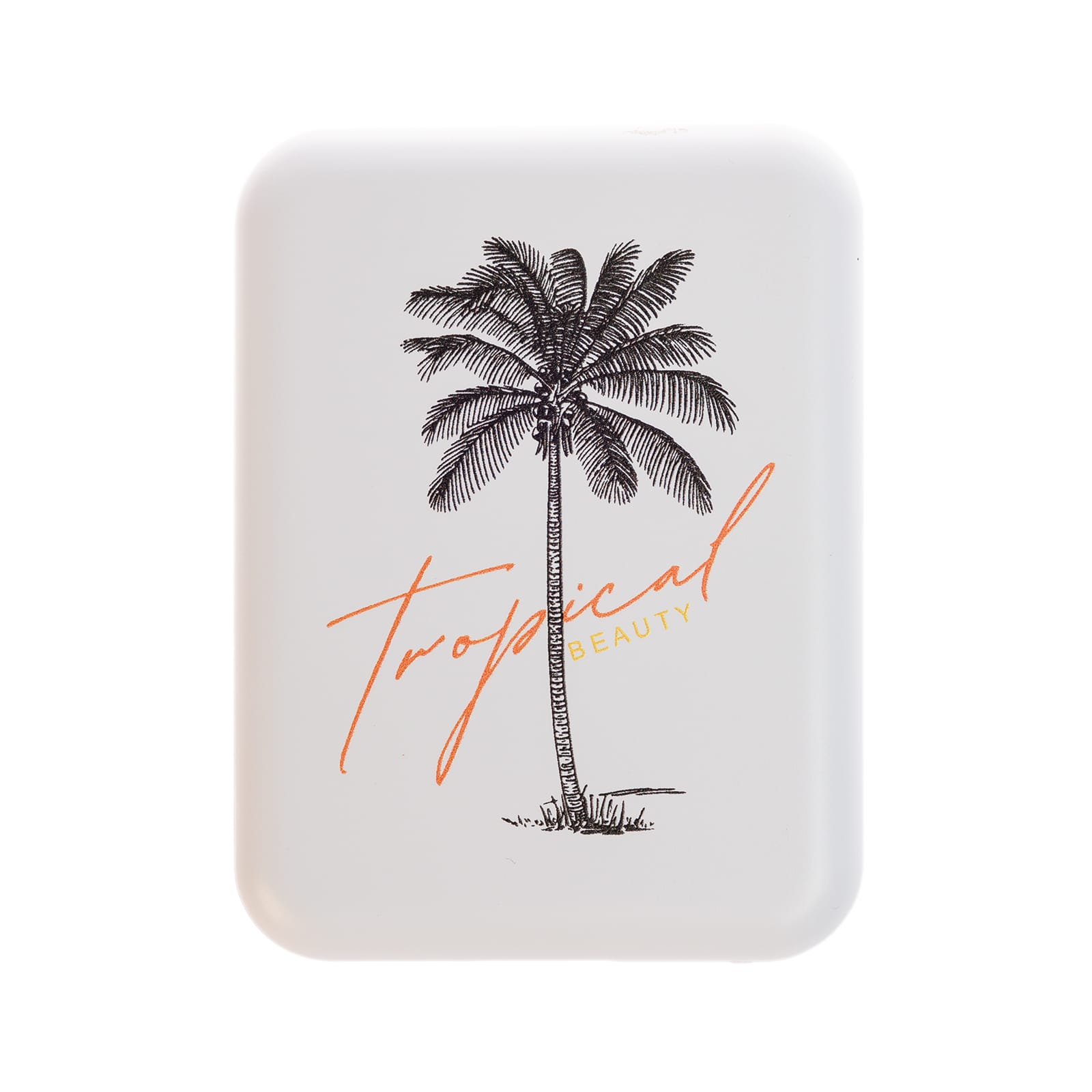 A LED compact mirror featuring a palm tree design and the text 