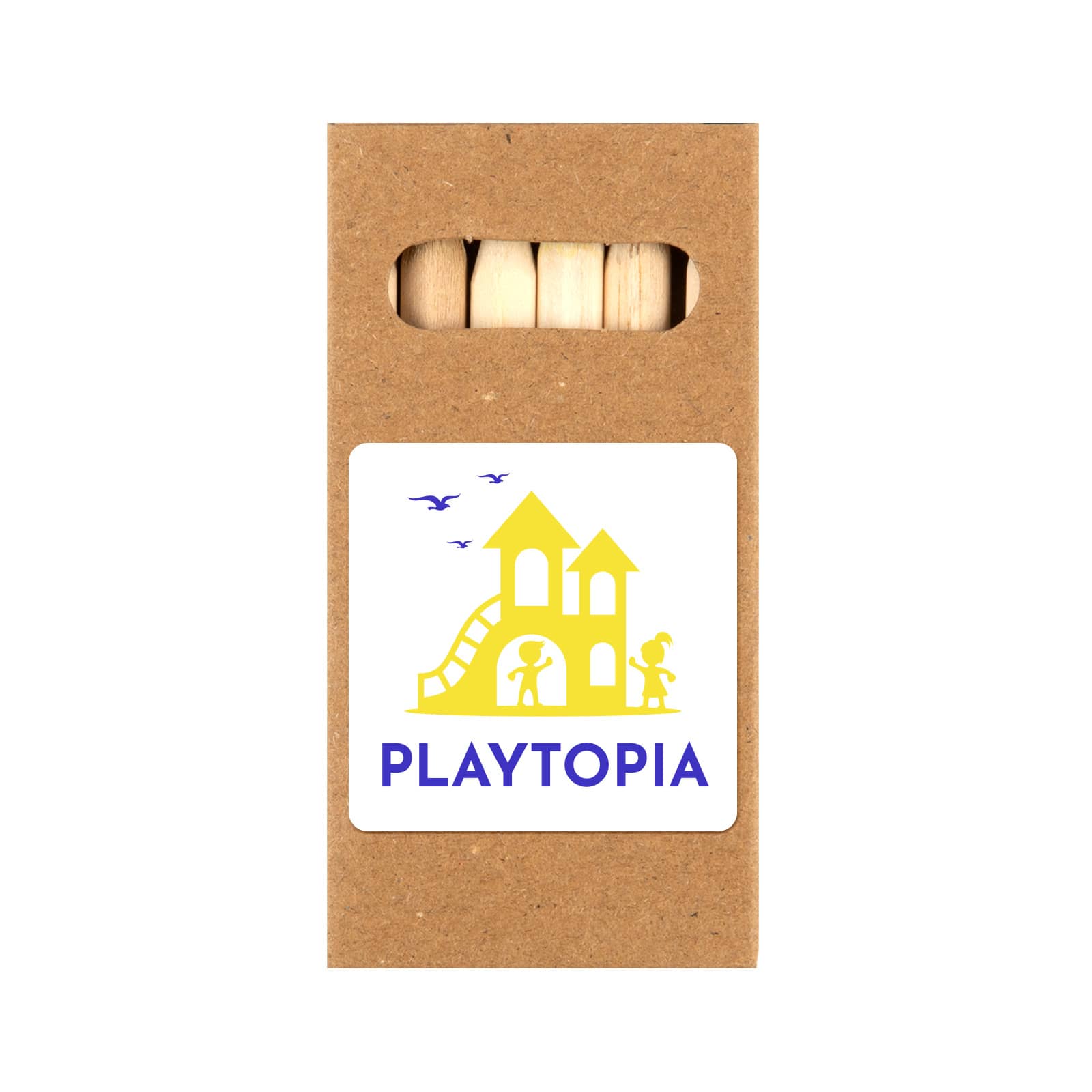 A pencil set in a brown kraft box featuring a logo, with wooden pencils visible inside.