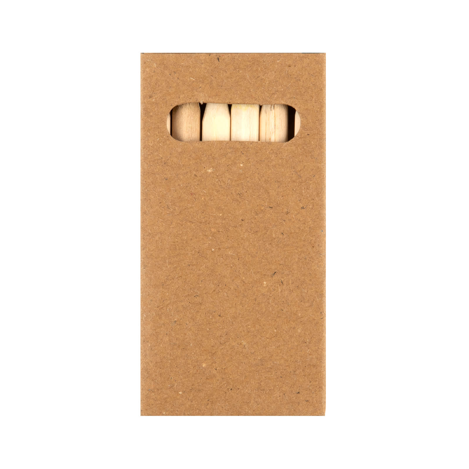 A pencil set packaged in a simple brown kraft box, revealing the tops of colored pencils inside.