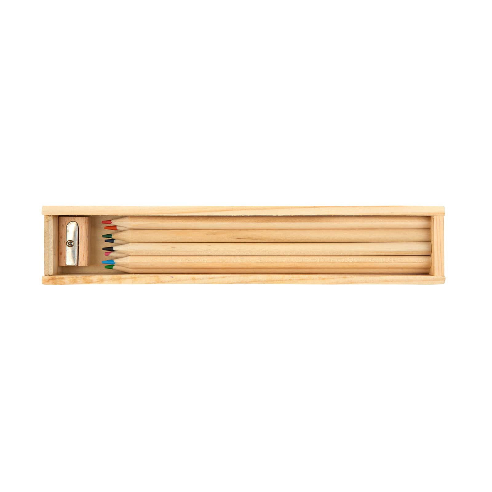A wooden box containing a set of five coloured pencils in various colors, including green, red, and blue, with a sharpener.