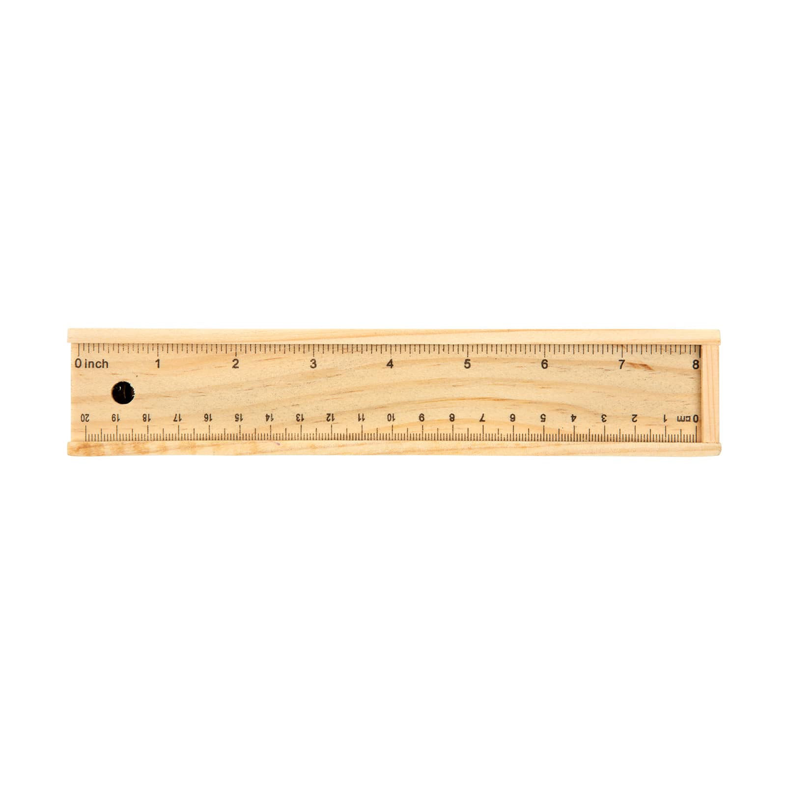 A wooden ruler featuring both inch and centimeter measurements, with clear markings along its length.