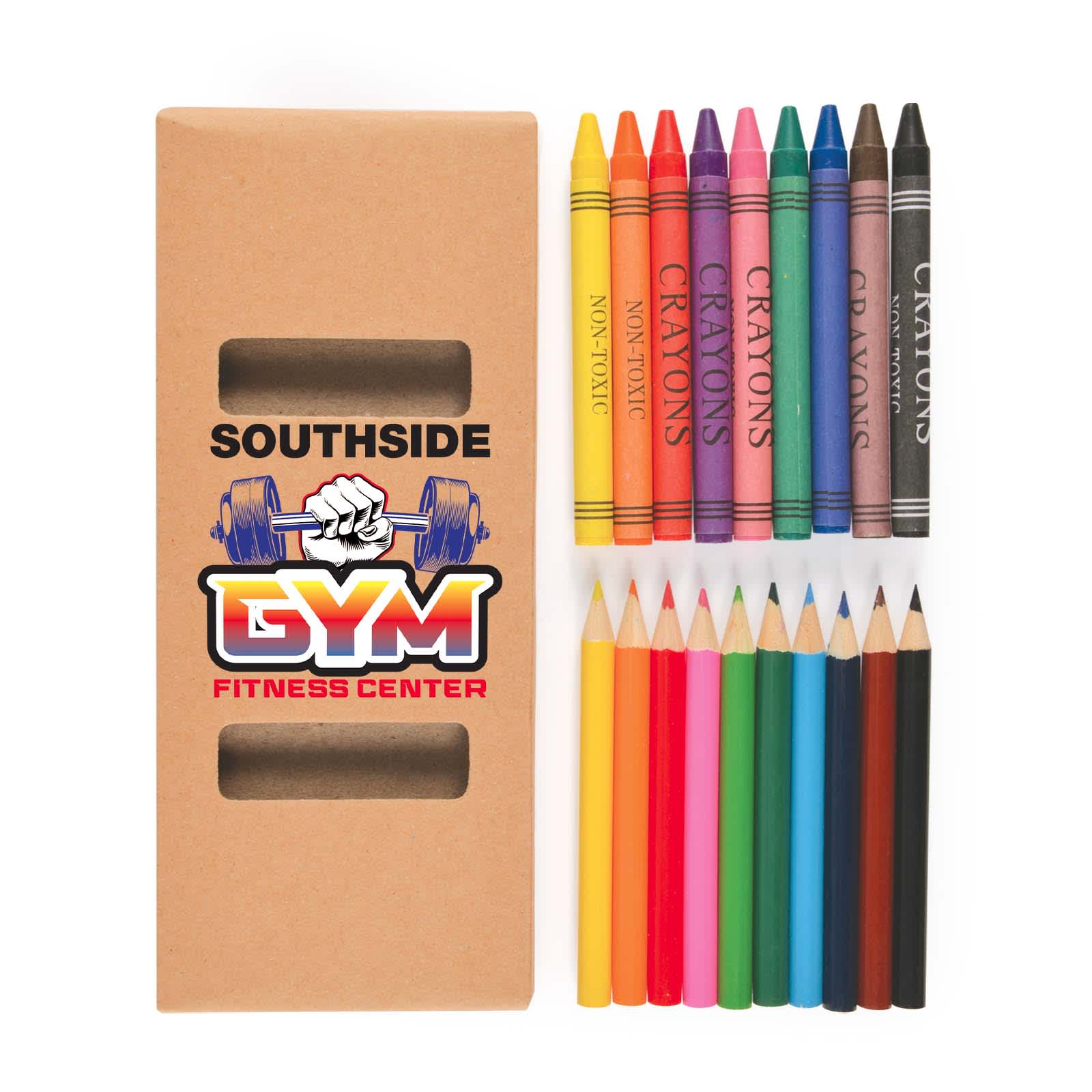 A crayon and colored pencil set in a box, featuring vibrant colors like red, orange, yellow, green, and purple.