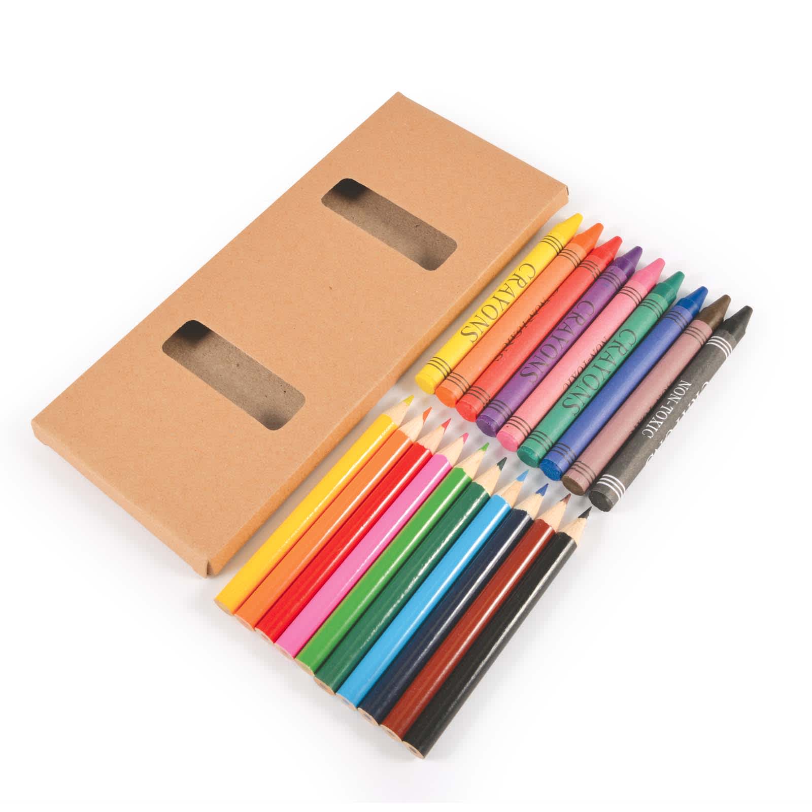 A pencil and crayon set with various colors arranged next to a brown cardboard box featuring two windows.