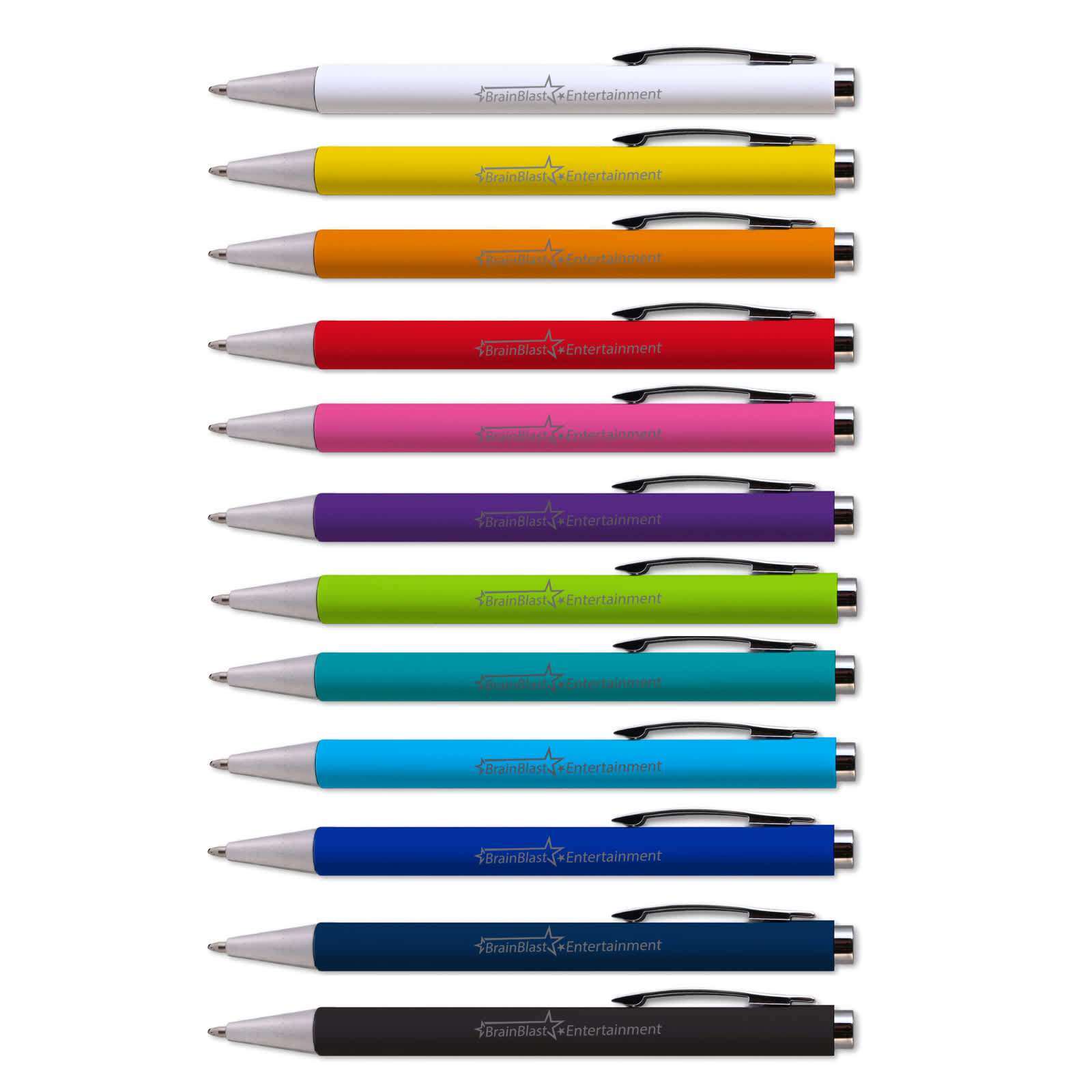 A collection of Aspen Plastic Pens in various colours, featuring a silver-tone clip and top. Each pen has a logo.