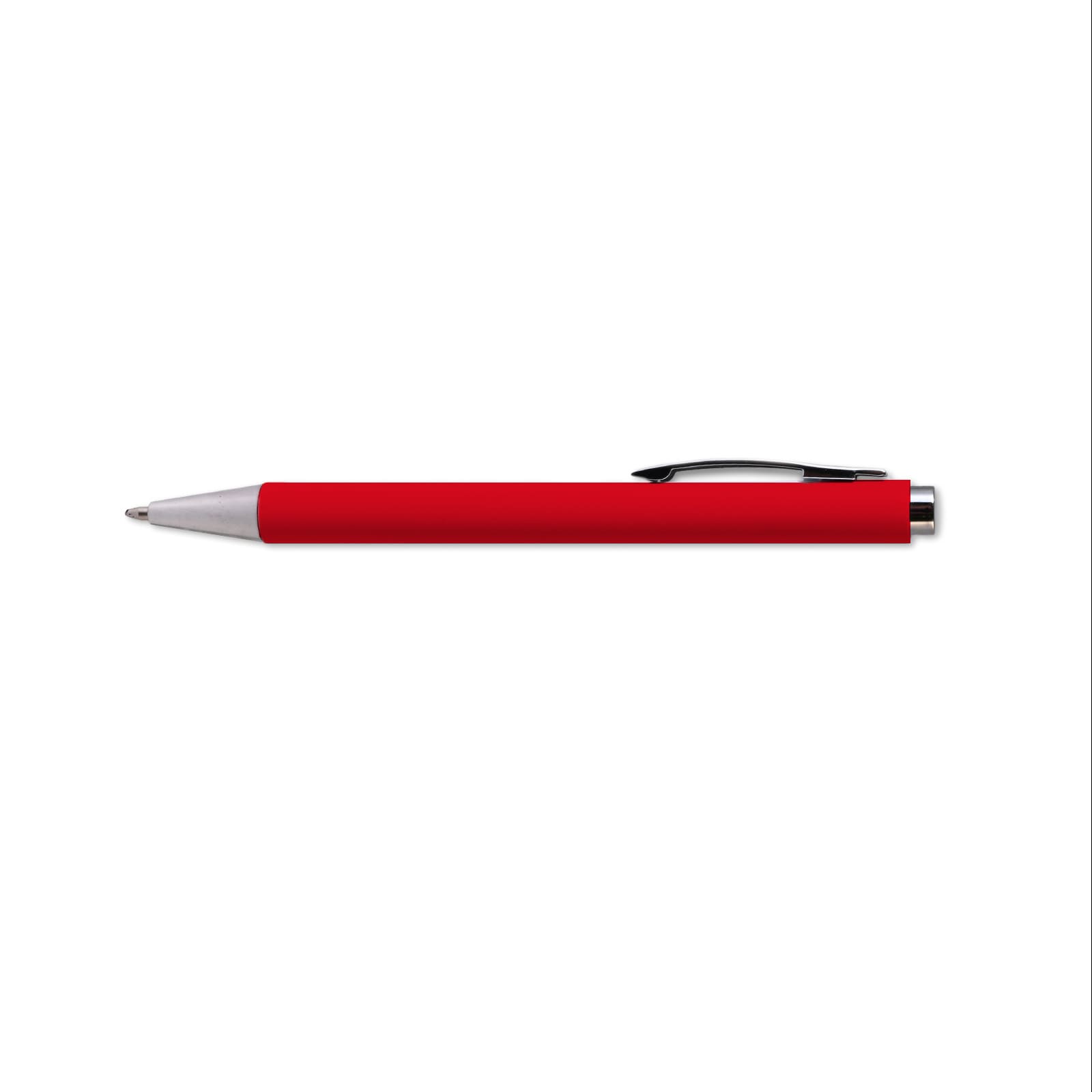 A white plastic pen with a silver clip and tip. The pen features a simple, sleek design and includes a logo.
