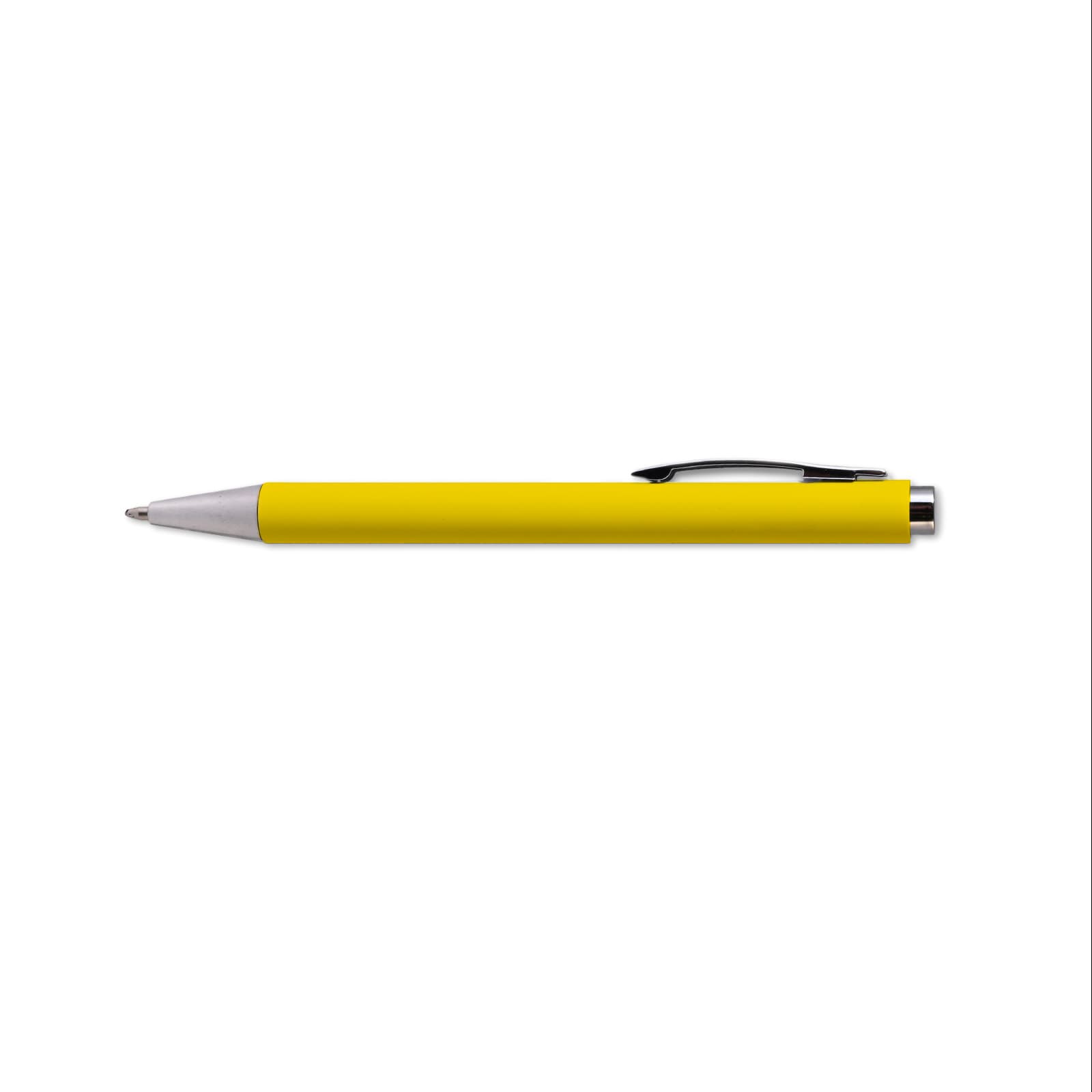 A black plastic pen with a silver clip and a logo printed on the side, featuring a retractable mechanism.