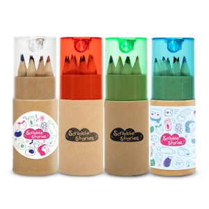 A set of colored pencils in tubes, featuring red, green, and blue tops, with a simple kraft paper design.