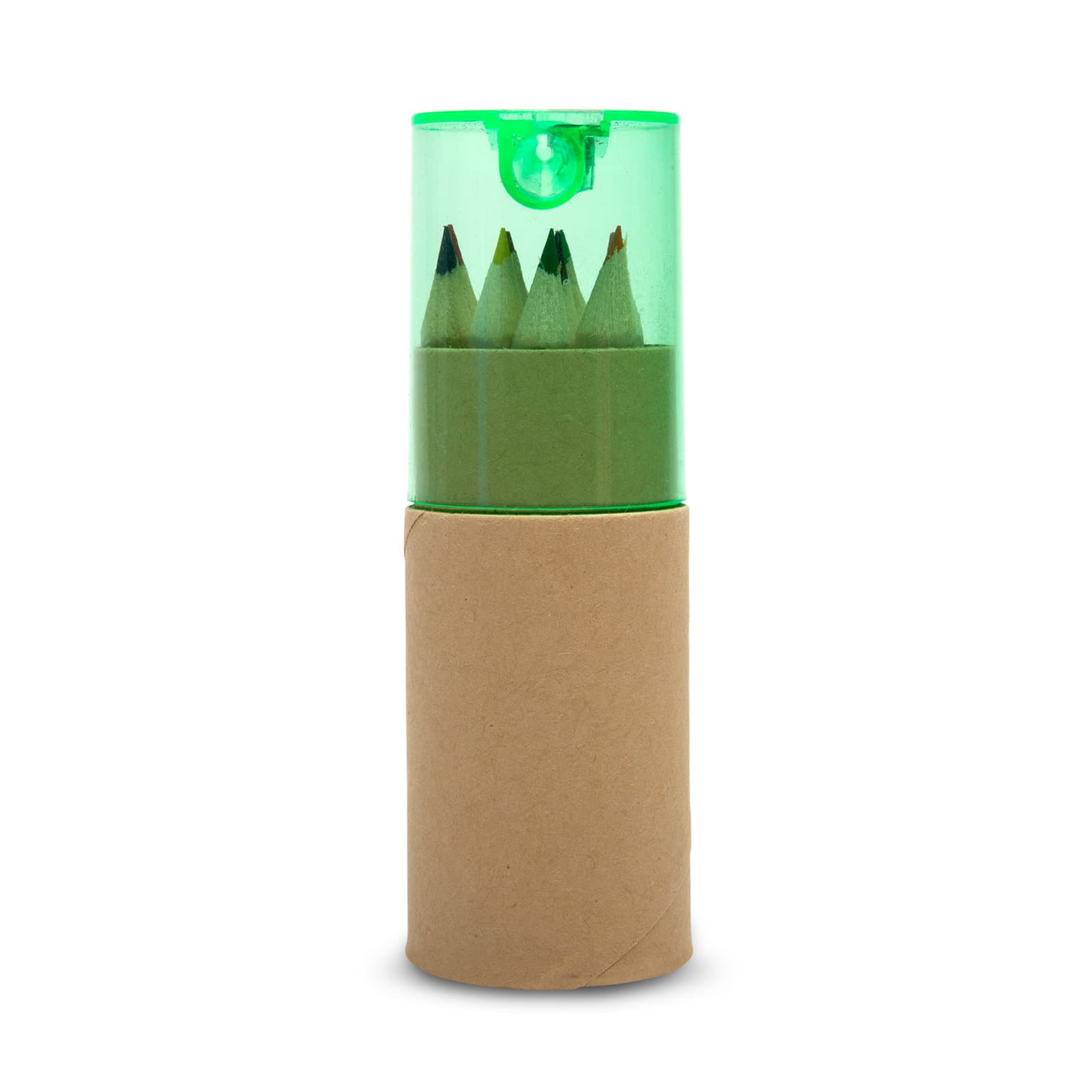 A tube containing a set of colored pencils, with a clear green top and a cardboard base.