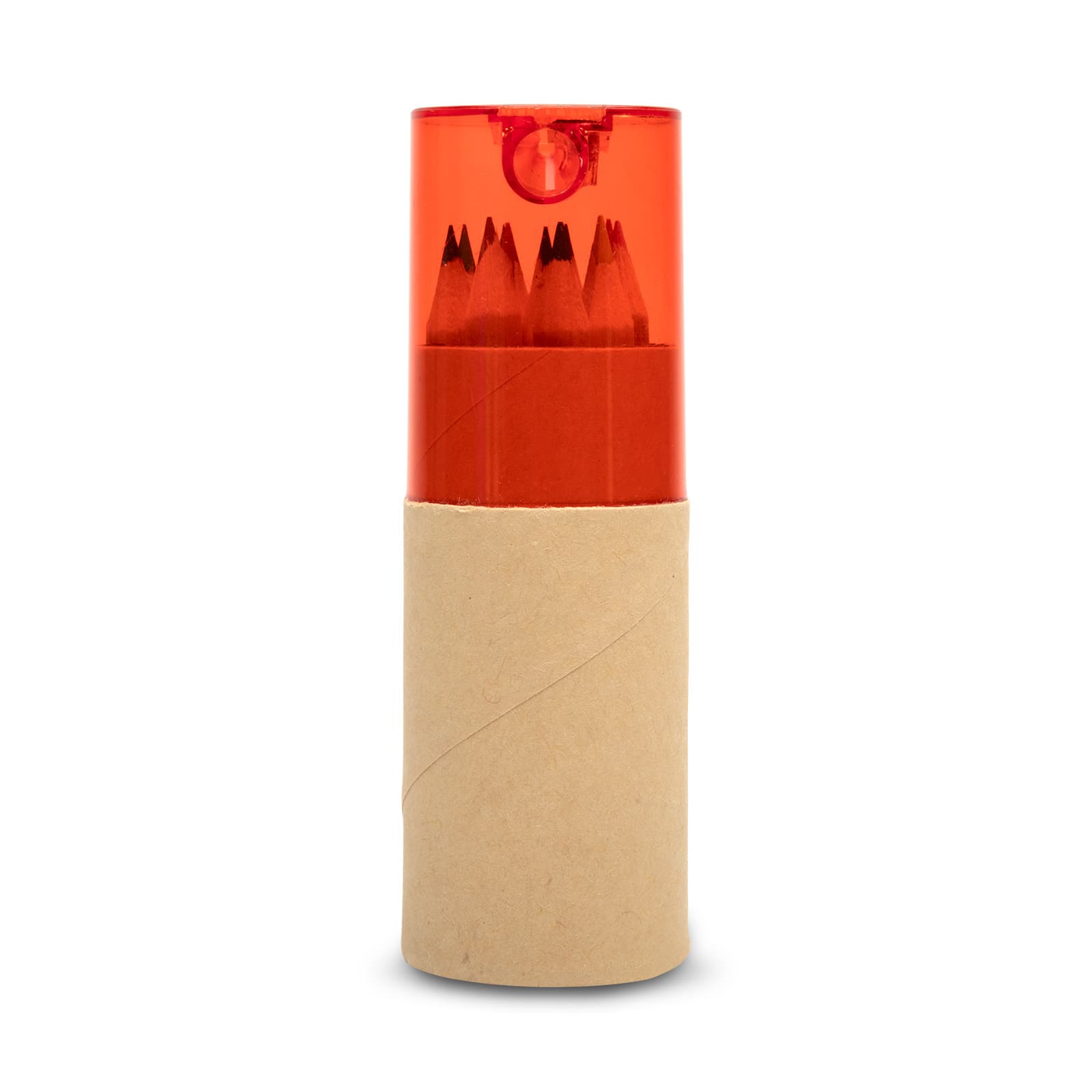 A tube containing colored pencils in various shades, topped with a transparent red cap.