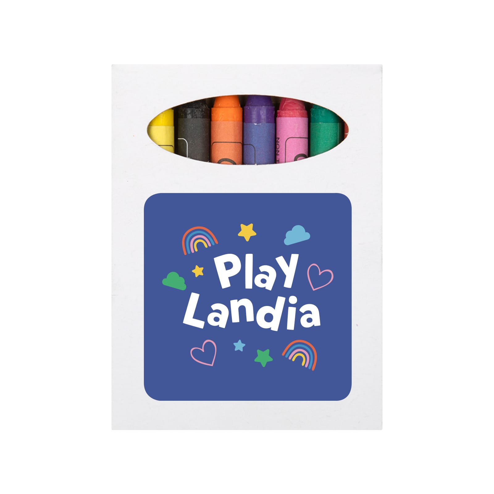 A box of crayons includes various colors with a playful design featuring hearts and stars.
