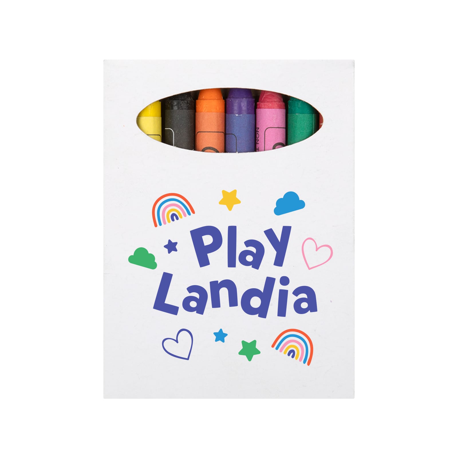 A set of colorful crayons packaged in a box with the text 