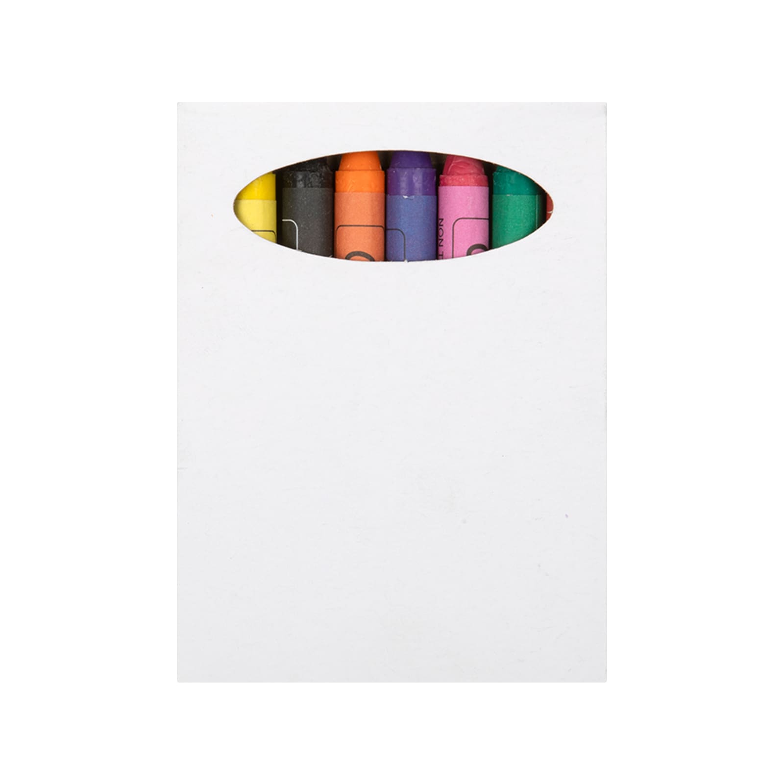 A crayon set featuring multiple vibrant colors neatly arranged in a compact white packaging with an oval cutout.