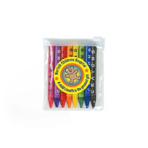 A PVC zipper pouch containing six coloured crayons in various vibrant colors, featuring a logo on the front.