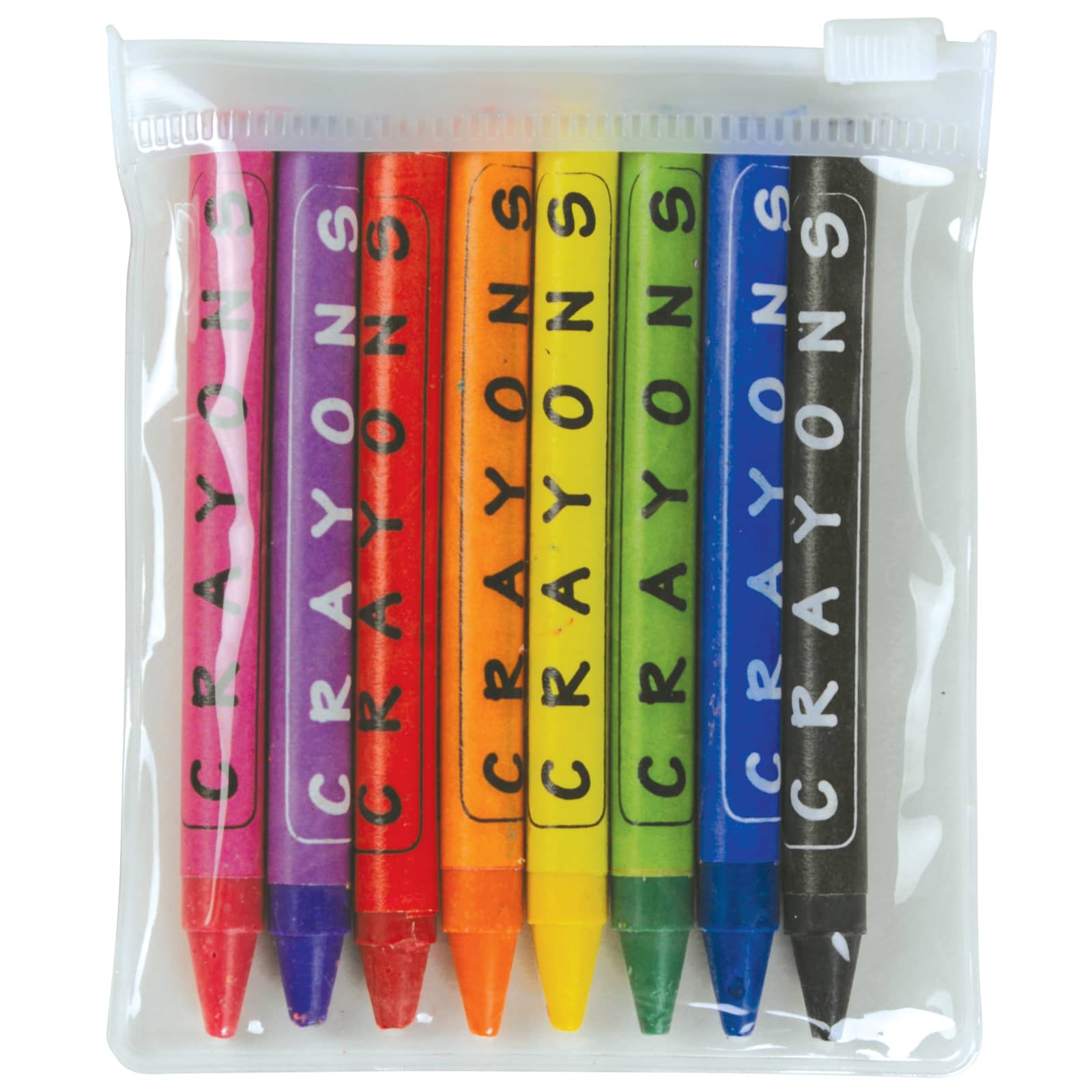 A PVC zipper pouch containing eight crayons in vibrant colors: pink, purple, orange, yellow, green, blue, red, and black.