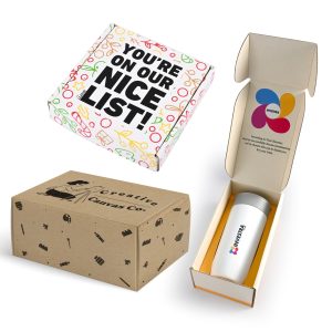A colorful custom box with playful designs and a cardboard box containing a white drink bottle with a logo.